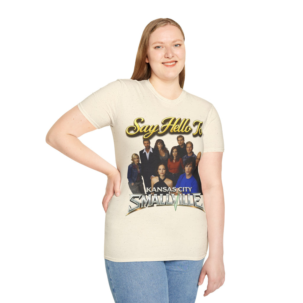 Smallville Cast T-Shirt – "Say Hello To" Kansas City Retro TV Logo Printify
