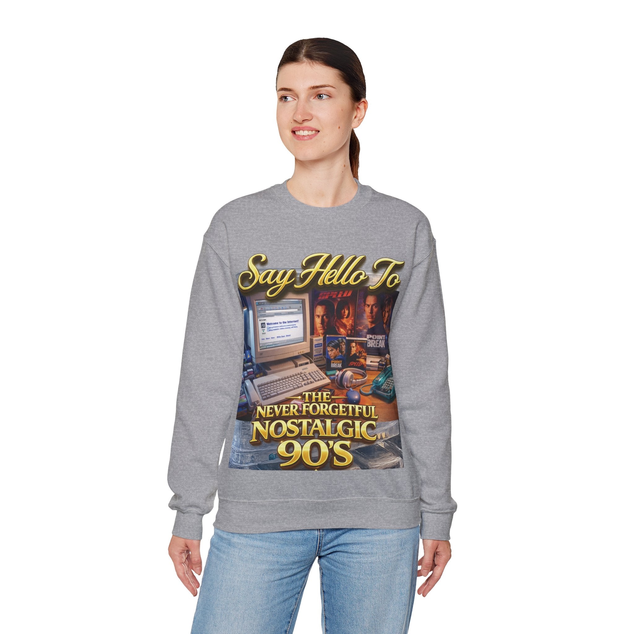 90s Nostalgia Crewneck Sweatshirt – "Say Hello To The Never Forgetful Nostalgic 90's" Printify