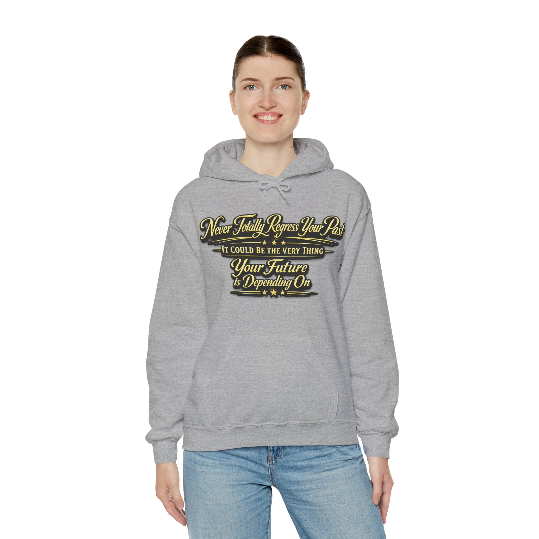Inspirational Hoodie – “Never Letting Regret Your Past” Motivational City Night Sweatshirt Printify