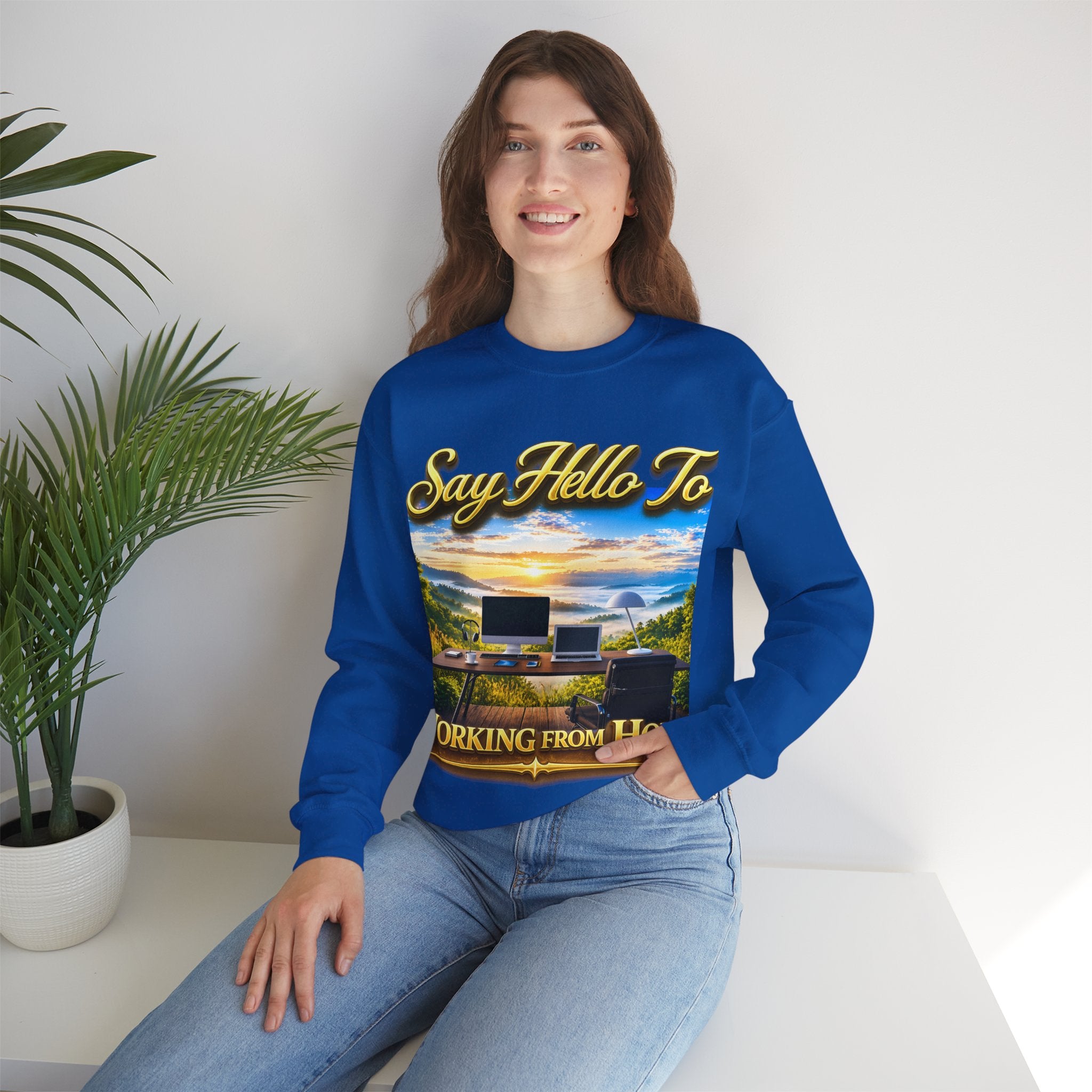 Working From Home Sweatshirt – "Say Hello To" Scenic Home Office Crewneck Printify