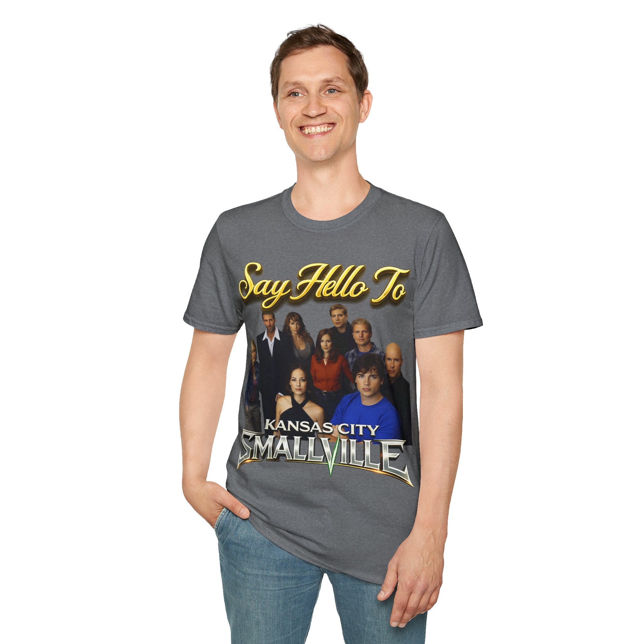 Smallville Cast T-Shirt – "Say Hello To" Kansas City Retro TV Logo Printify