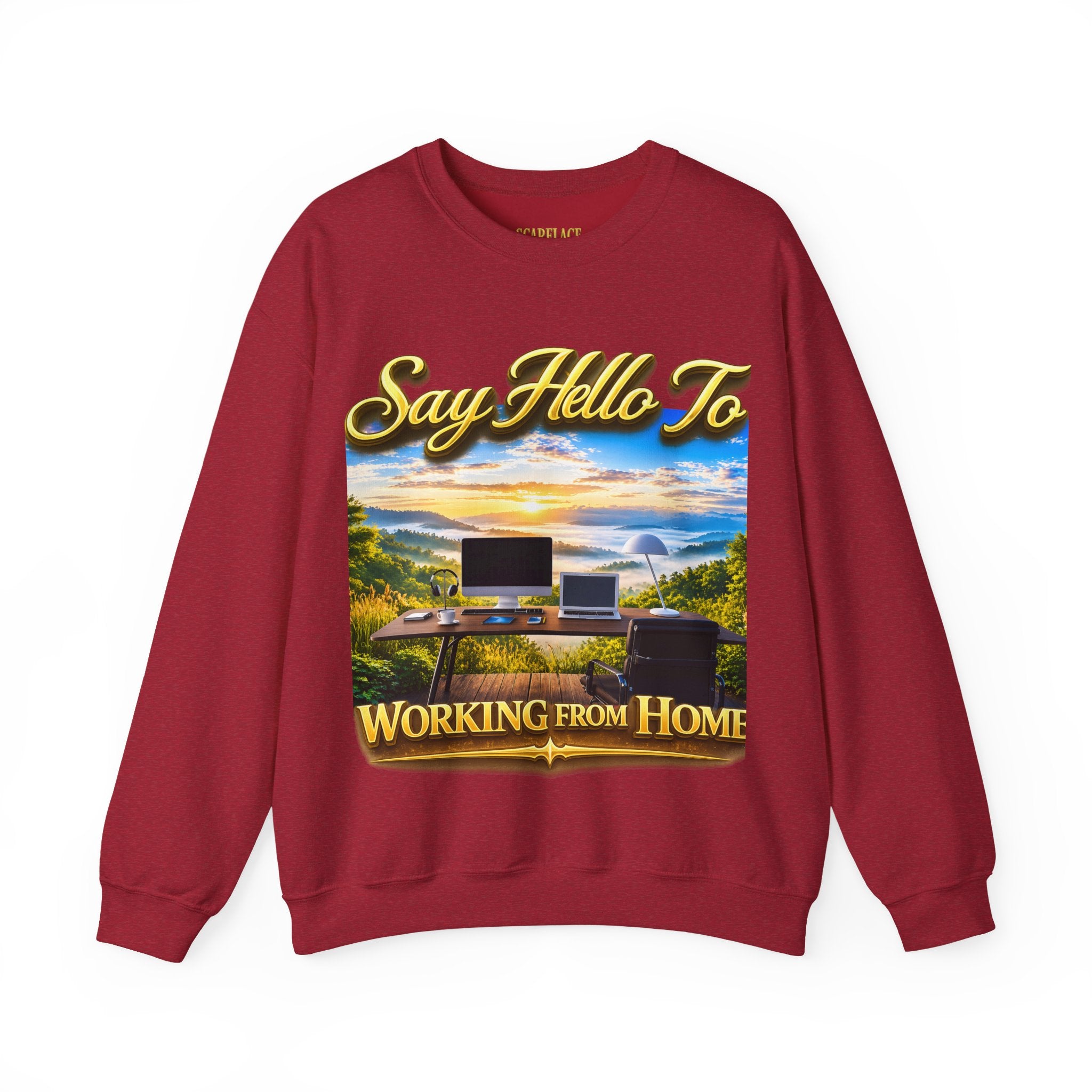 Working From Home Sweatshirt – "Say Hello To" Scenic Home Office Crewneck Printify