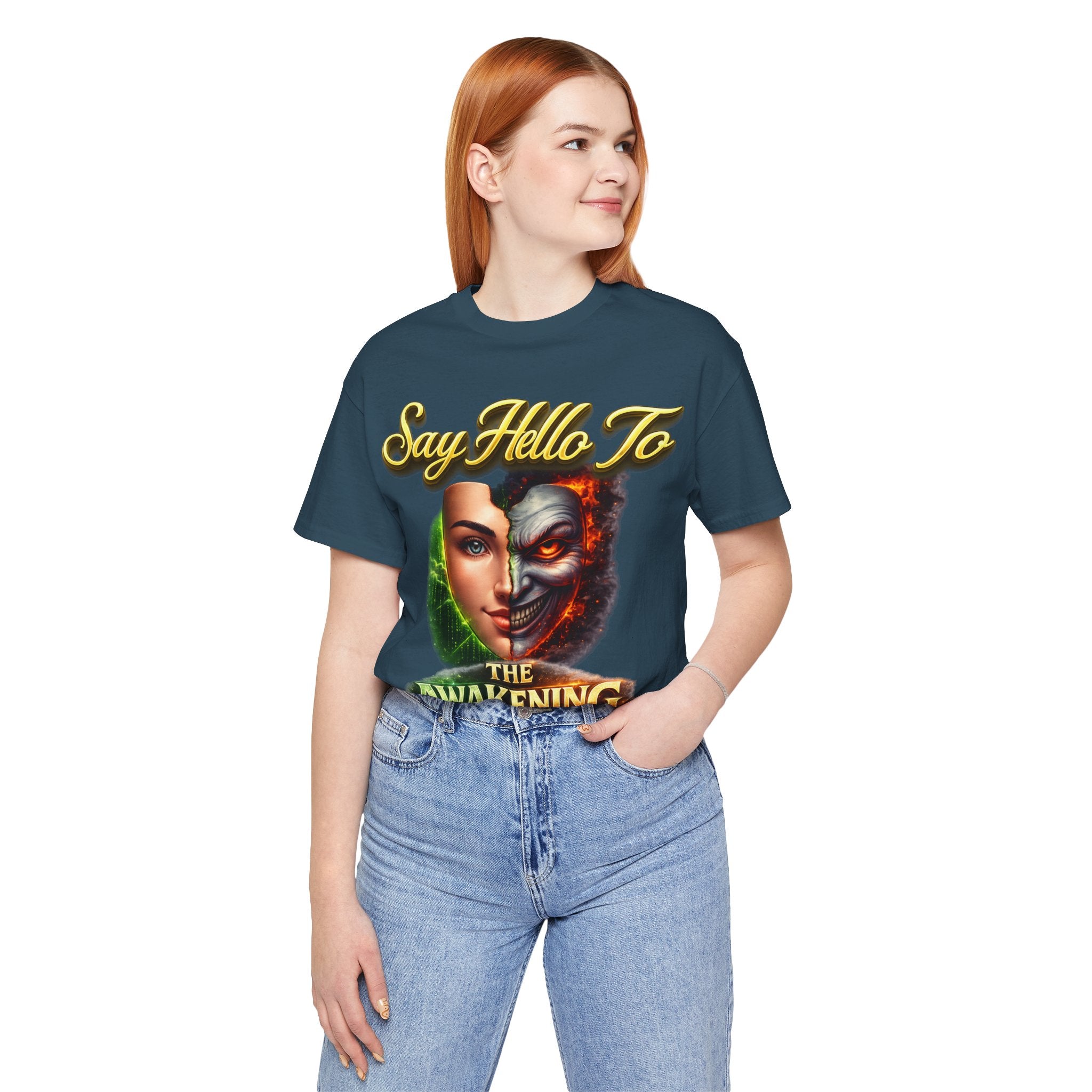 Horror Mask Split Face Tee — "Say Hello To Your Family and Friends" Graphic T-Shirt Printify