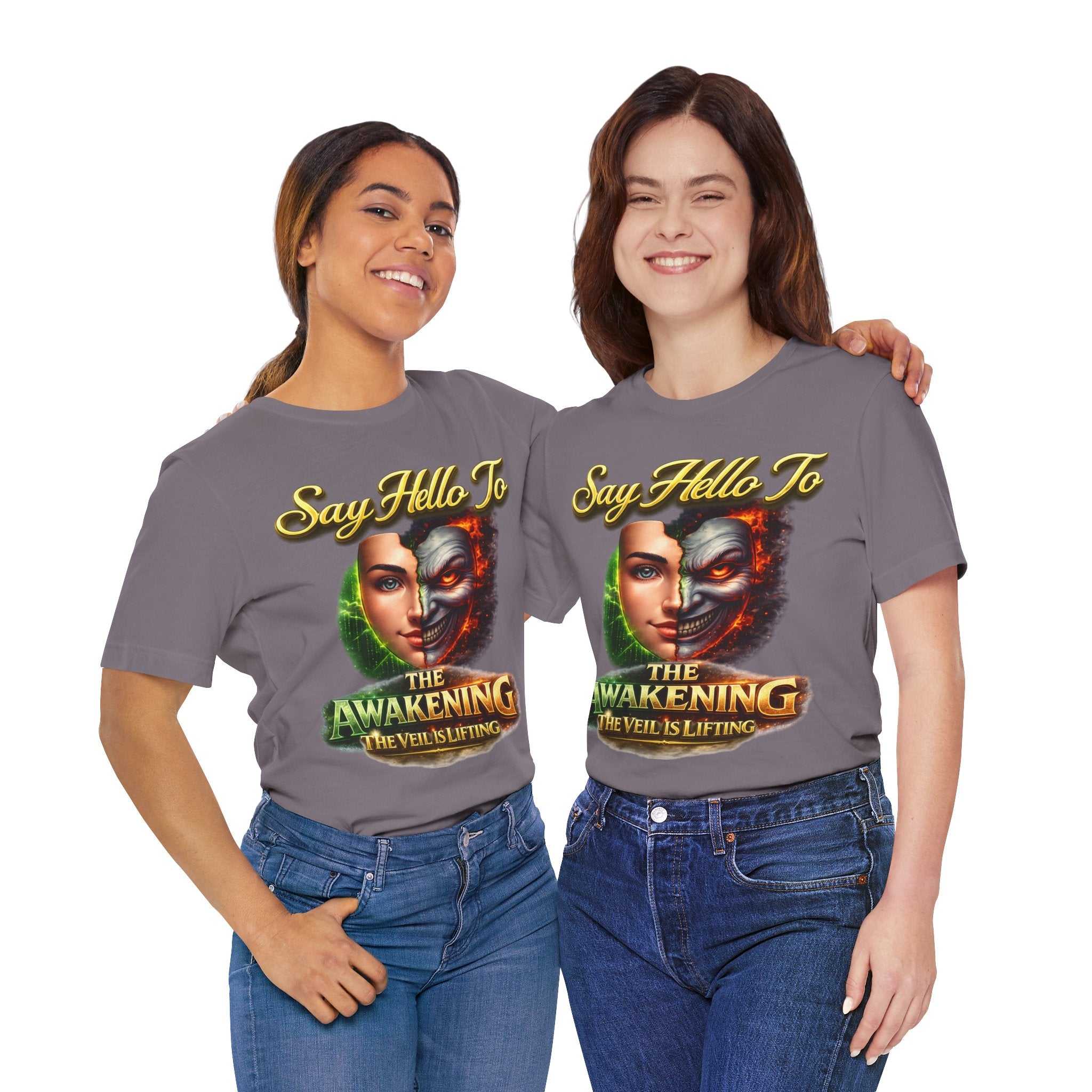 Horror Mask Split Face Tee — "Say Hello To Your Family and Friends" Graphic T-Shirt Printify