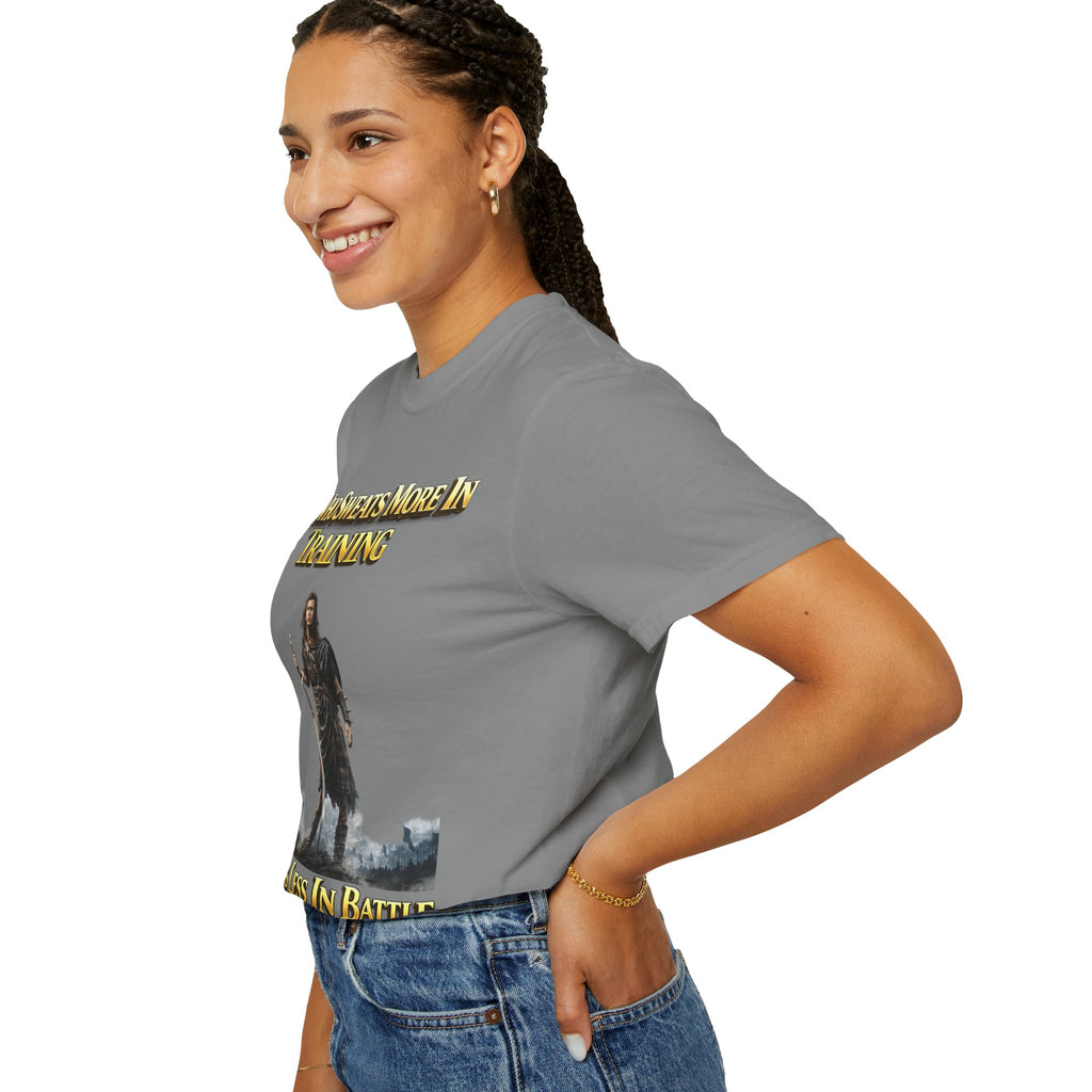 Training Warrior T-Shirt — "He Who Sweats More in Training Bleeds Less in Battle" Printify