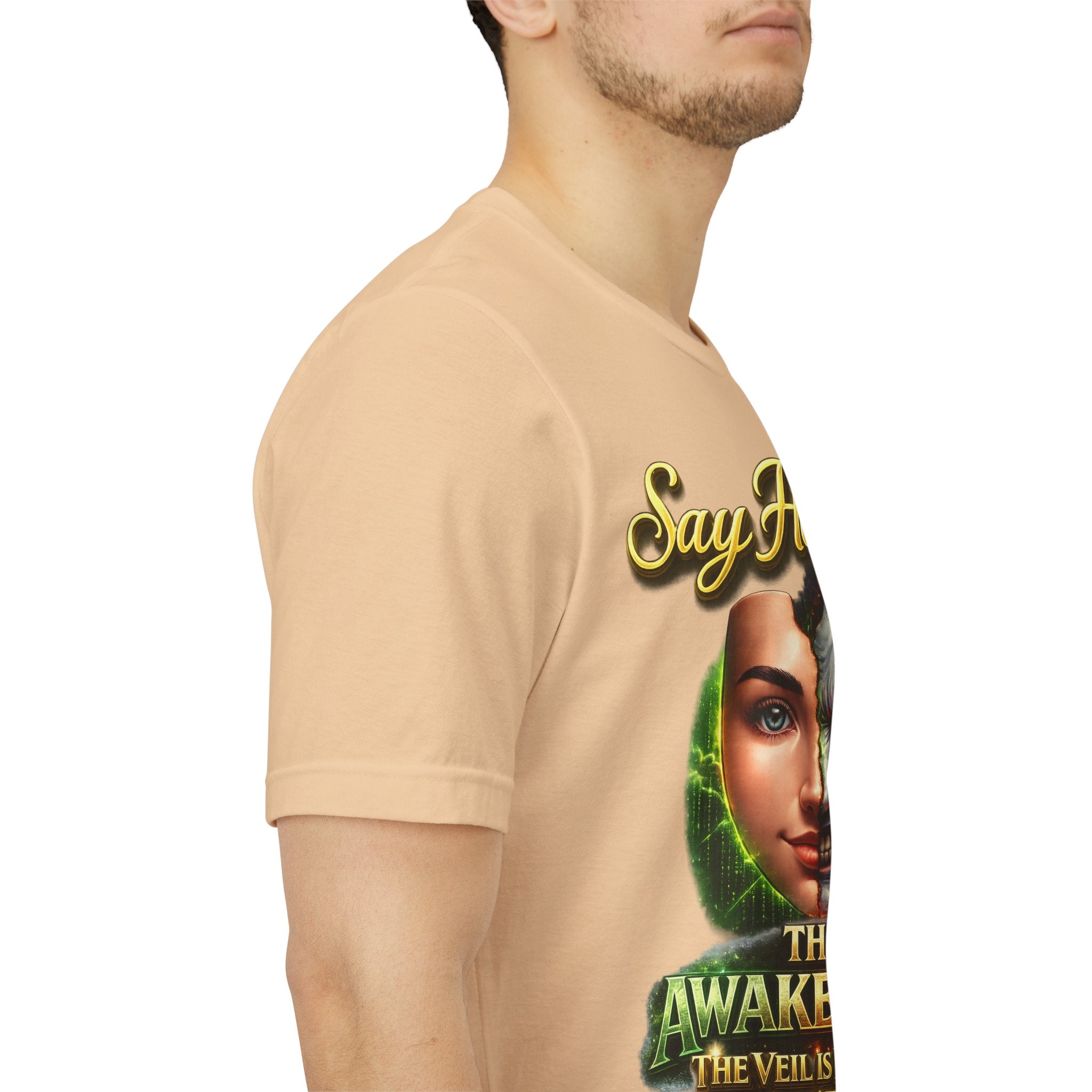 Horror Mask Split Face Tee — "Say Hello To Your Family and Friends" Graphic T-Shirt Printify