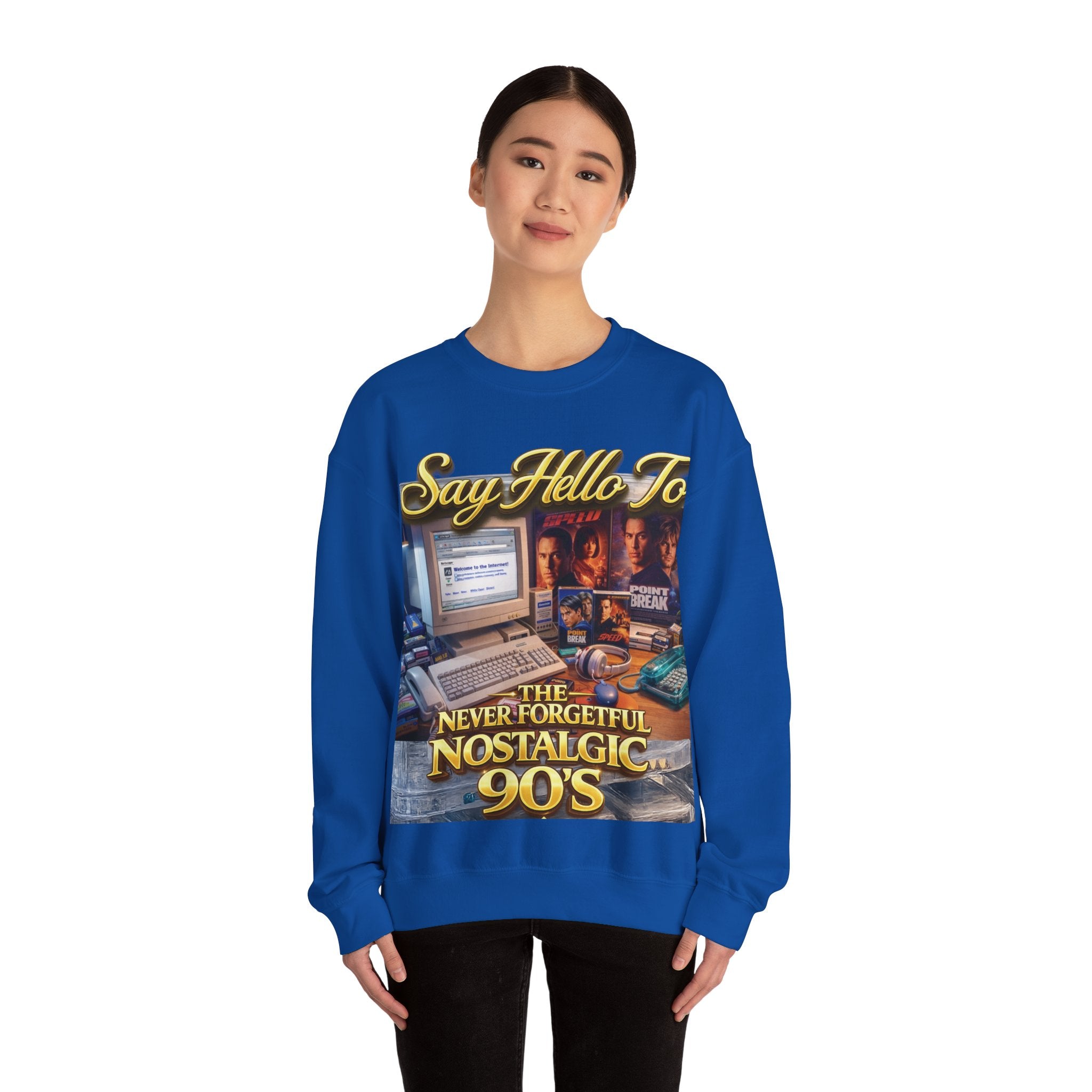 90s Nostalgia Crewneck Sweatshirt – "Say Hello To The Never Forgetful Nostalgic 90's" Printify