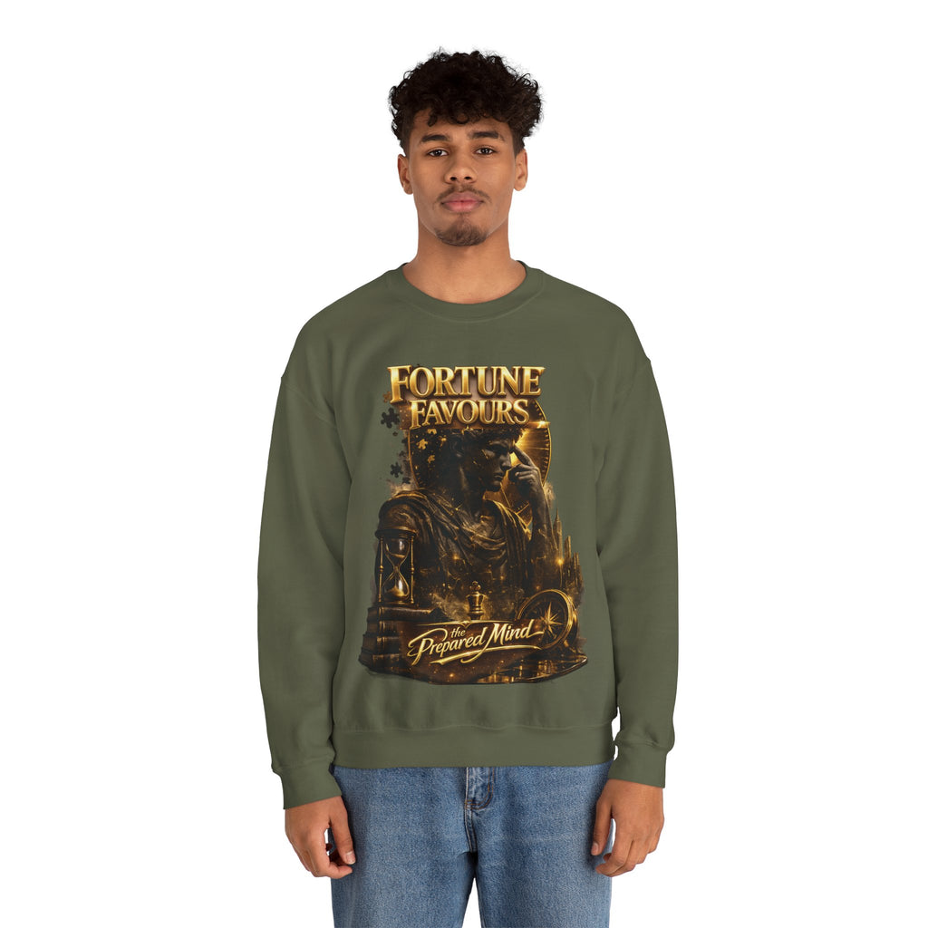 Crewneck Sweatshirt — "Fortune Favors the Prepared Mind" Motivational Design Printify