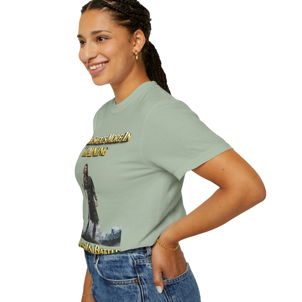 Training Warrior T-Shirt — "He Who Sweats More in Training Bleeds Less in Battle" Printify