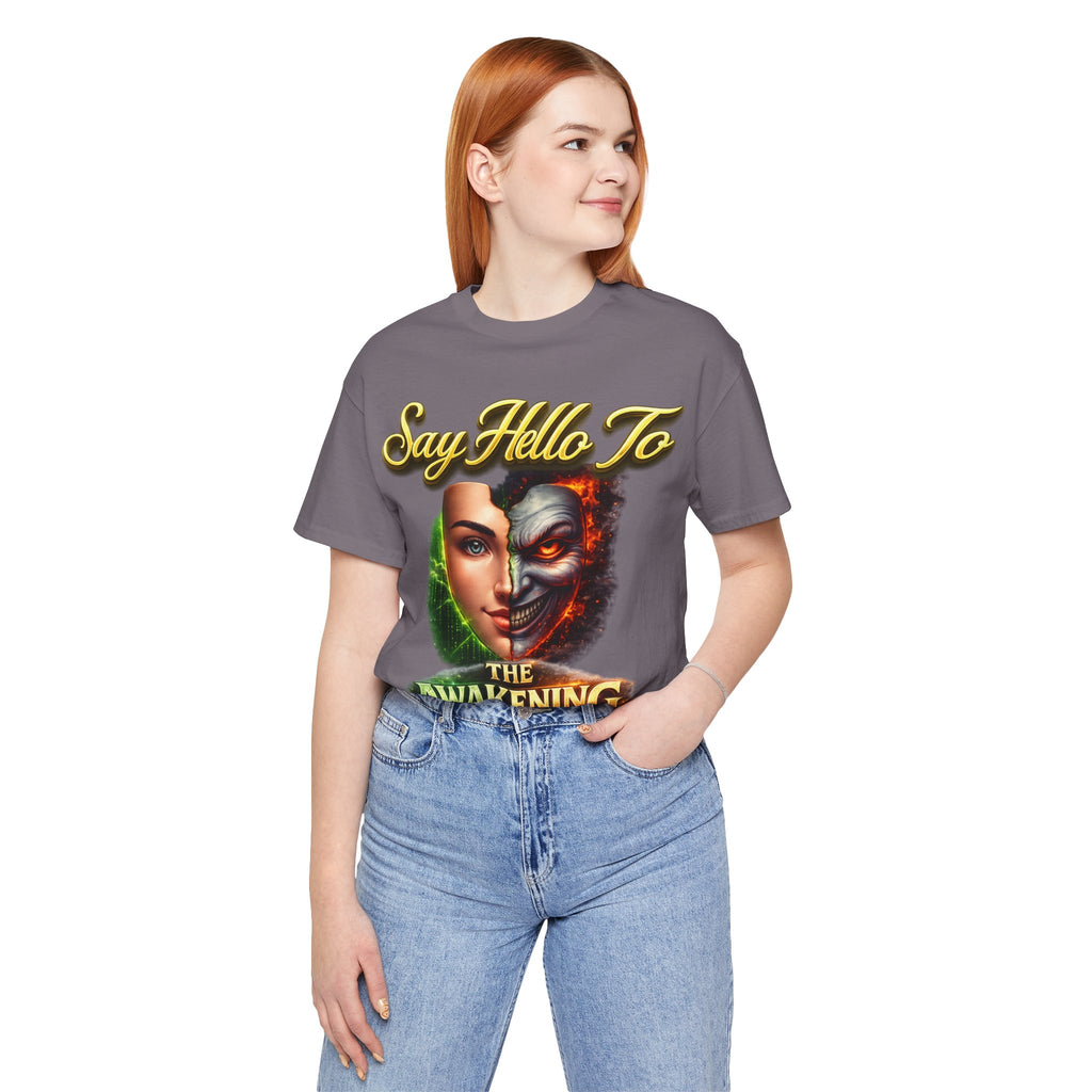 Horror Mask Split Face Tee — "Say Hello To Your Family and Friends" Graphic T-Shirt Printify