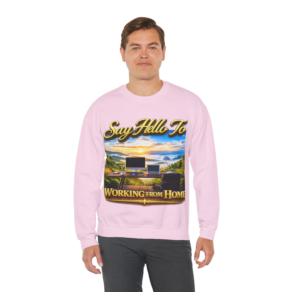 Working From Home Sweatshirt – "Say Hello To" Scenic Home Office Crewneck Printify