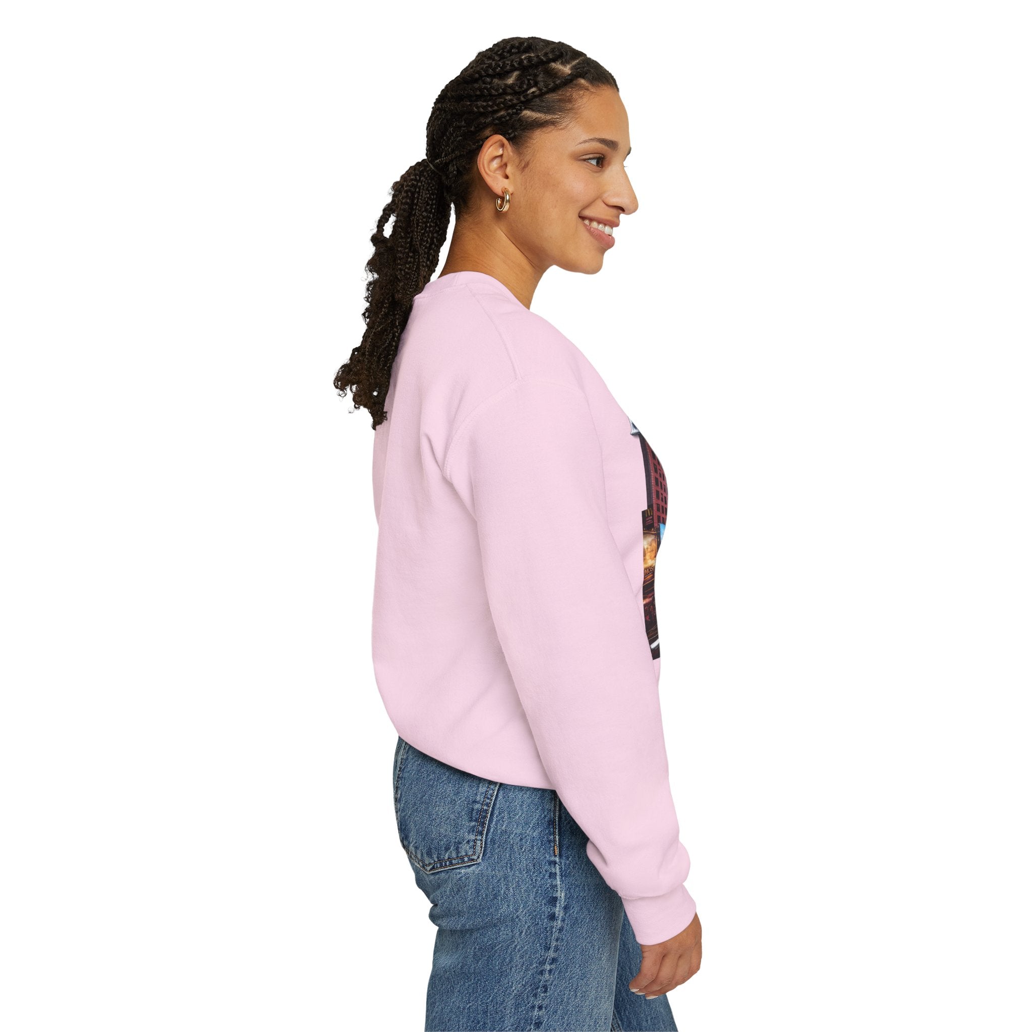 Crewneck Sweatshirt — Times Square Photo with Motivational Script “Nothing Out Here Helps You… That’s What Makes You Stronger” Printify