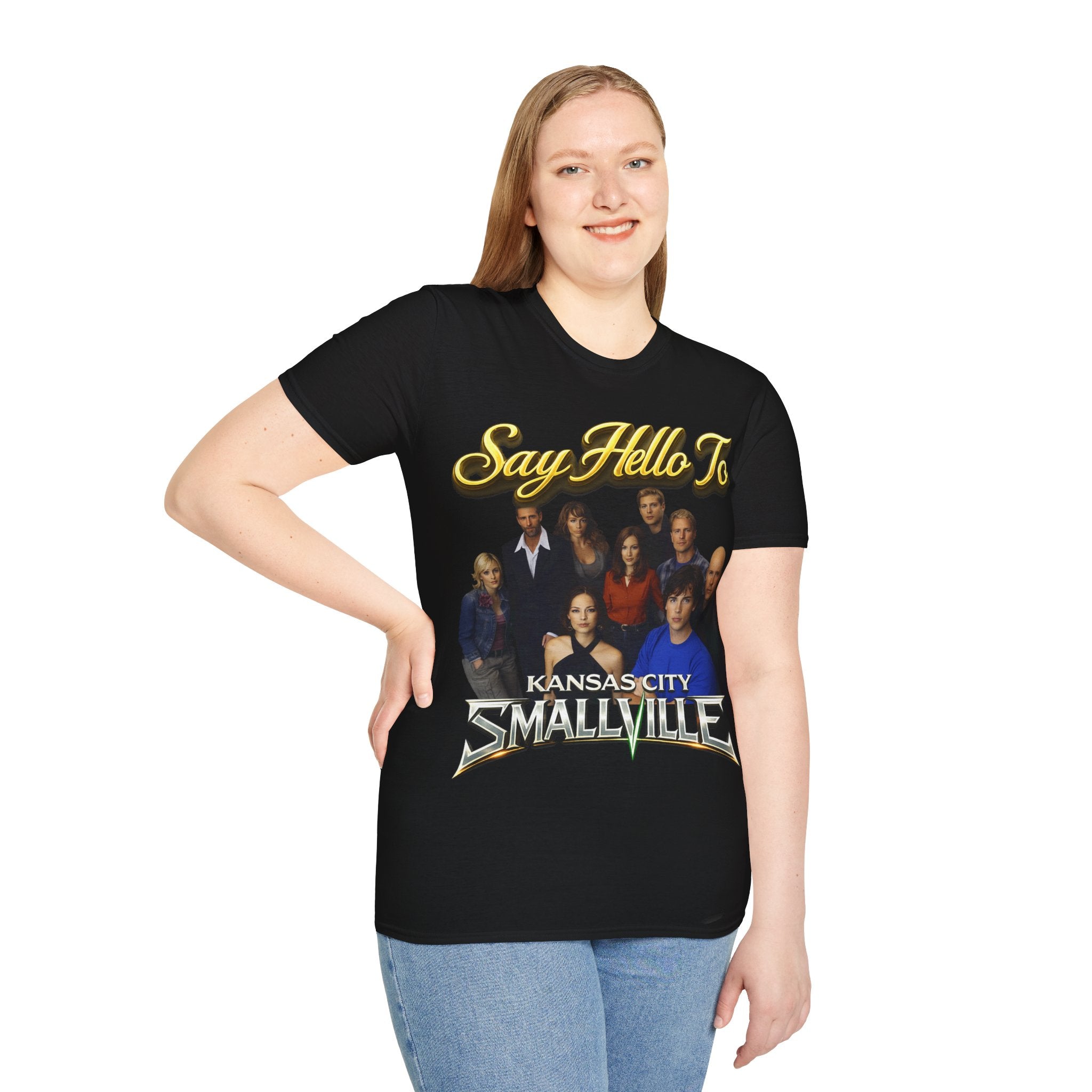 Smallville Cast T-Shirt – "Say Hello To" Kansas City Retro TV Logo Printify