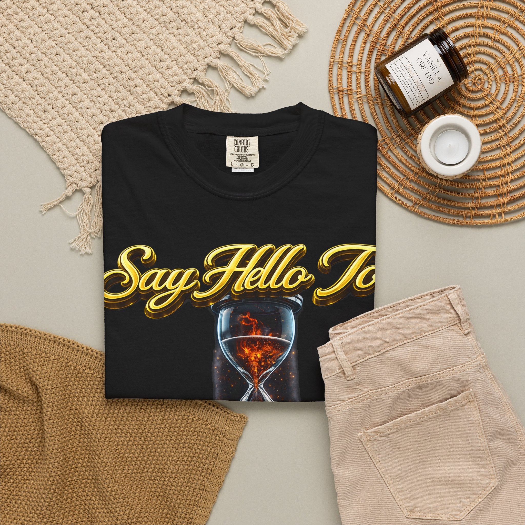 Say Hello To Time Hourglass Graphic T-Shirt — "The Only Conceivable Consistency Is Time" Printify