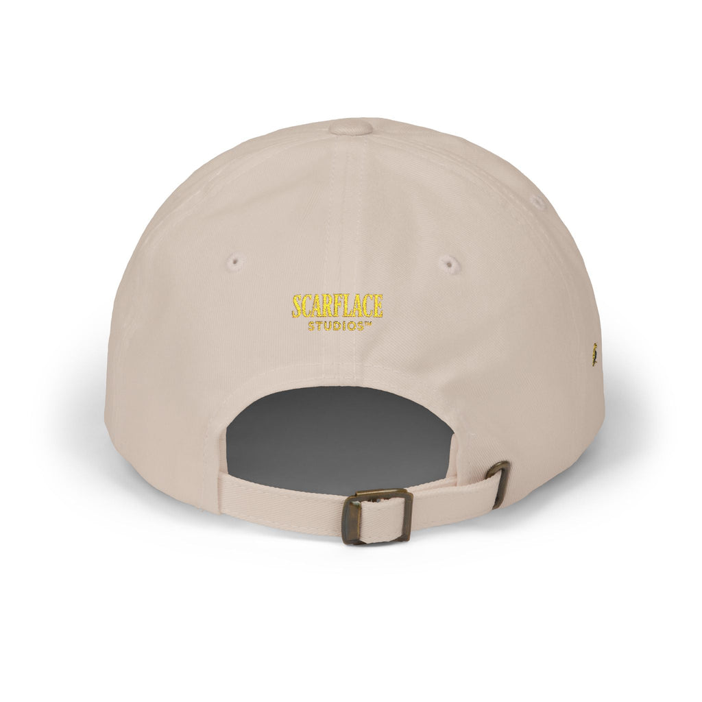 Gold Script "Dad" Cap — Minimal White Baseball Hat Printify