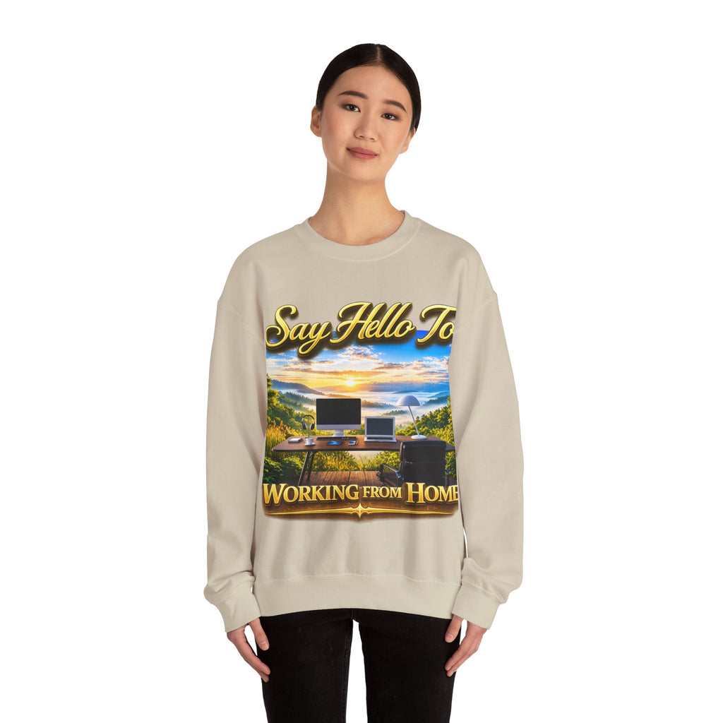 Working From Home Sweatshirt – "Say Hello To" Scenic Home Office Crewneck Printify