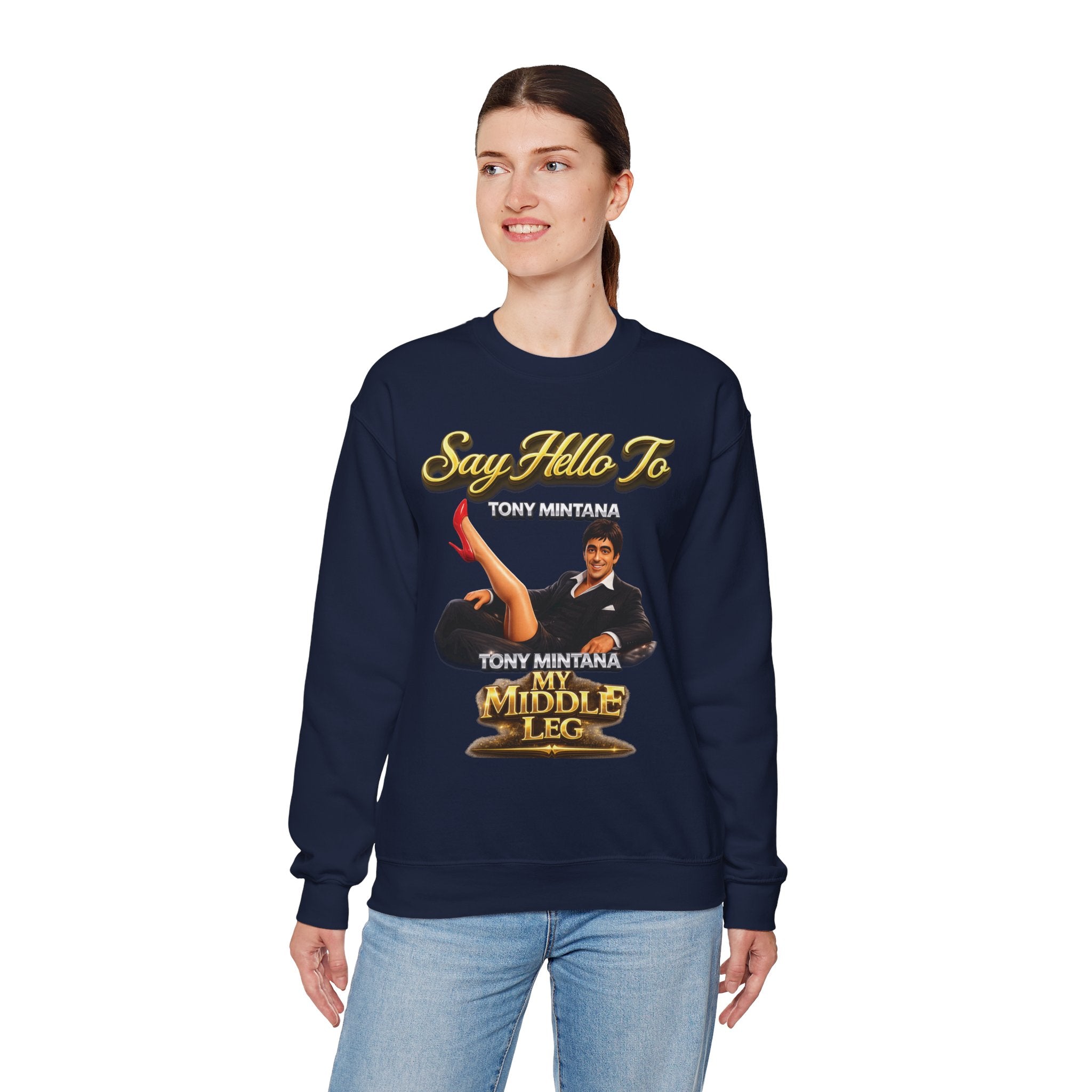 Scarface Parody Crewneck Sweatshirt — "Say Hello to My Middle Leg" Graphic Printify