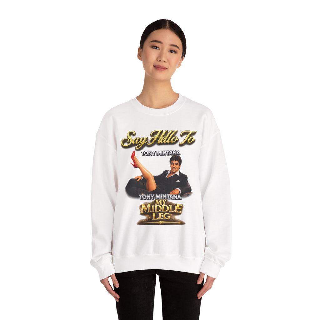 Scarface Parody Crewneck Sweatshirt — "Say Hello to My Middle Leg" Graphic Printify