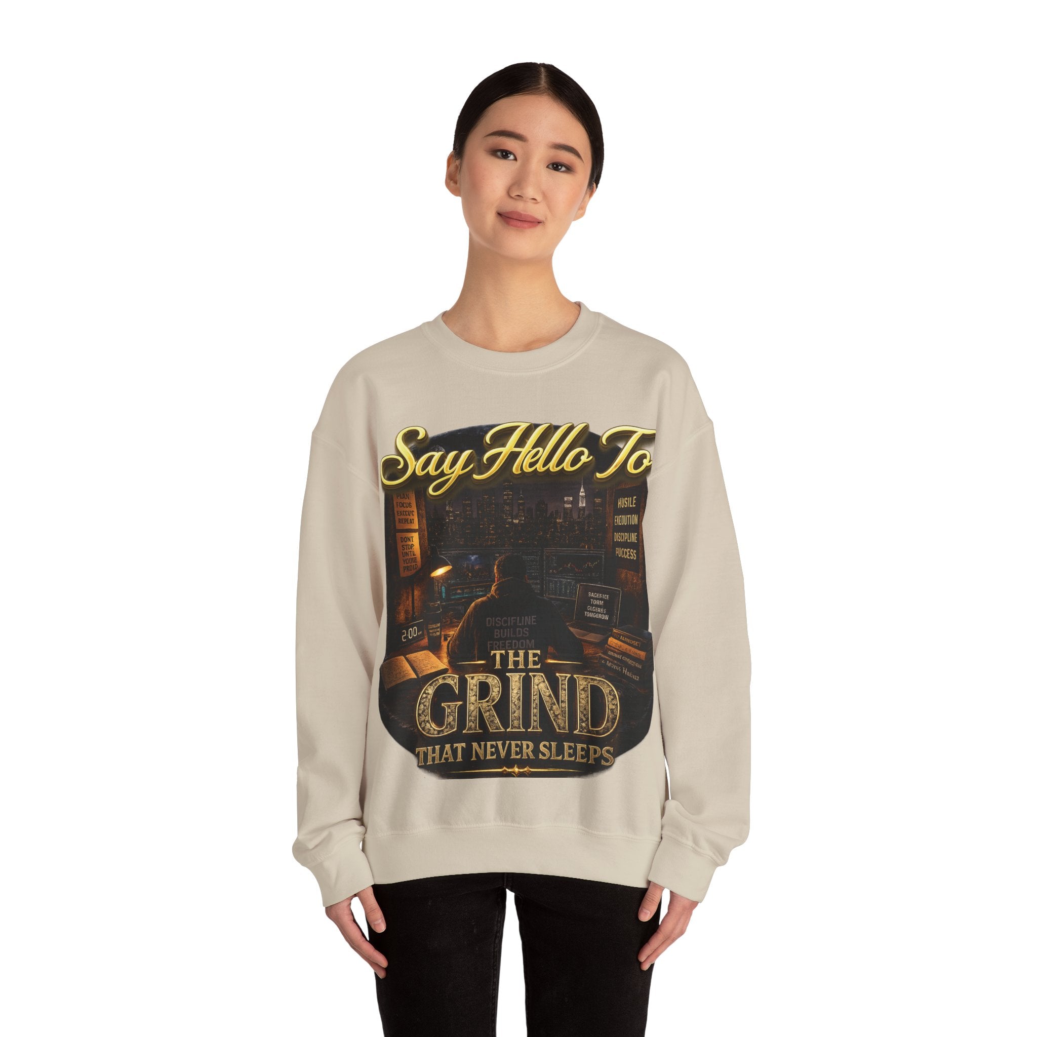 The Grind That Never Sleeps Crewneck Sweatshirt — Motivational Hustle Sweatshirt Printify