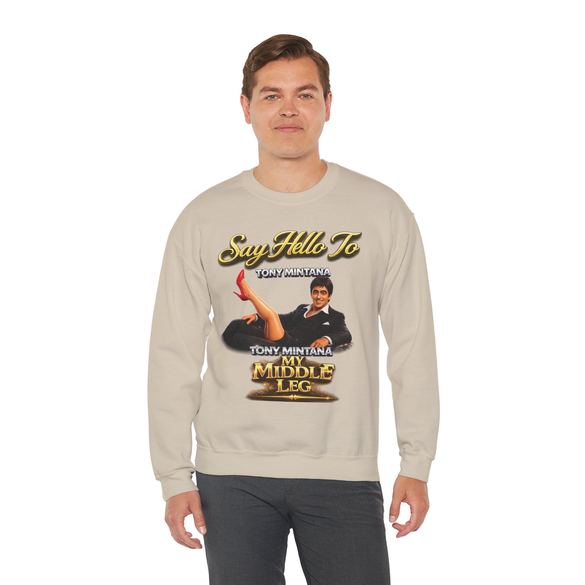 Scarface Parody Crewneck Sweatshirt — "Say Hello to My Middle Leg" Graphic Printify