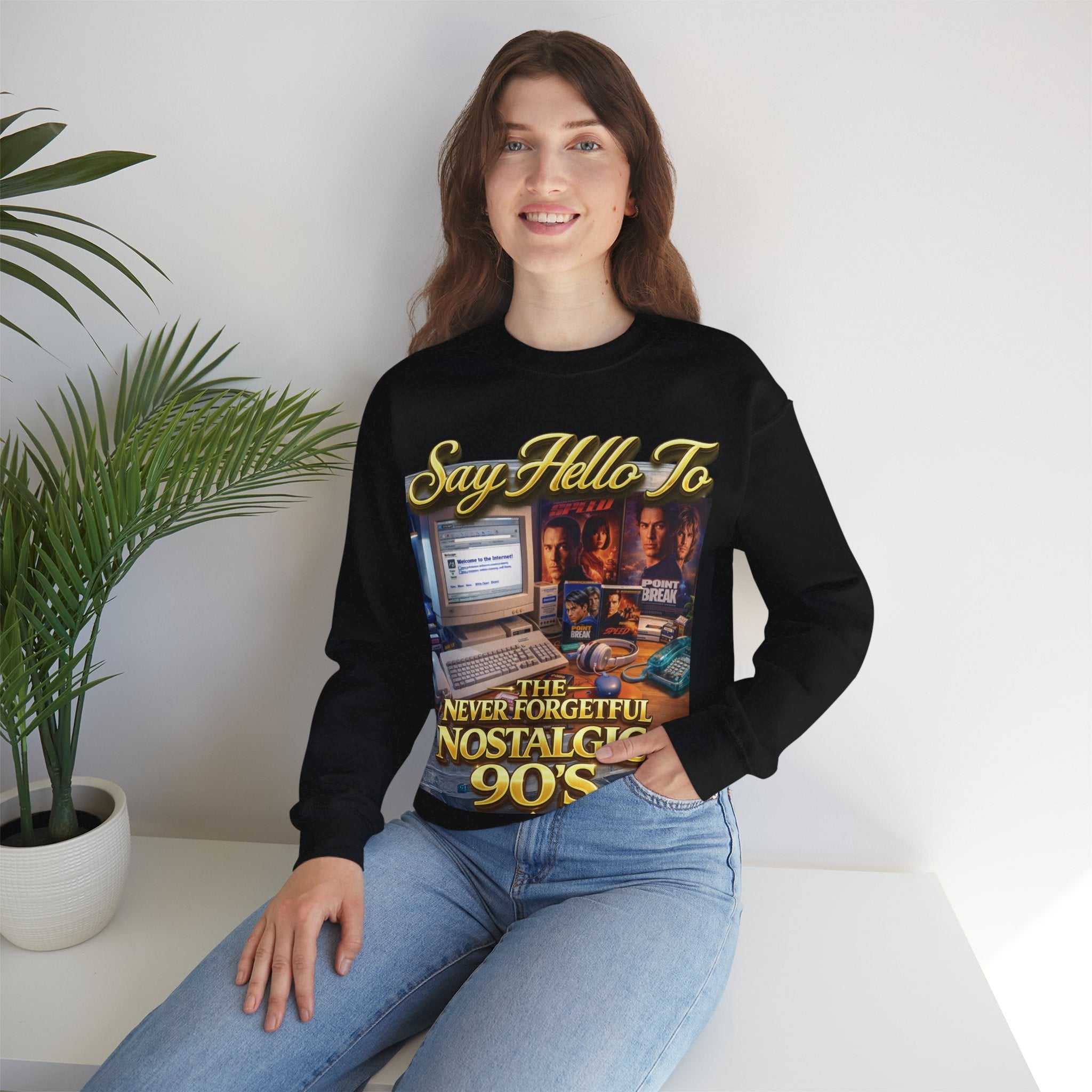 90s Nostalgia Crewneck Sweatshirt – "Say Hello To The Never Forgetful Nostalgic 90's" Printify