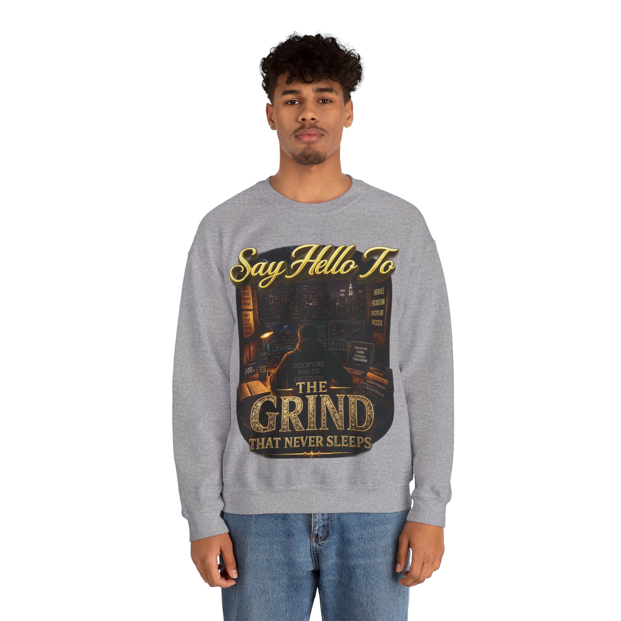 The Grind That Never Sleeps Crewneck Sweatshirt — Motivational Hustle Sweatshirt Printify