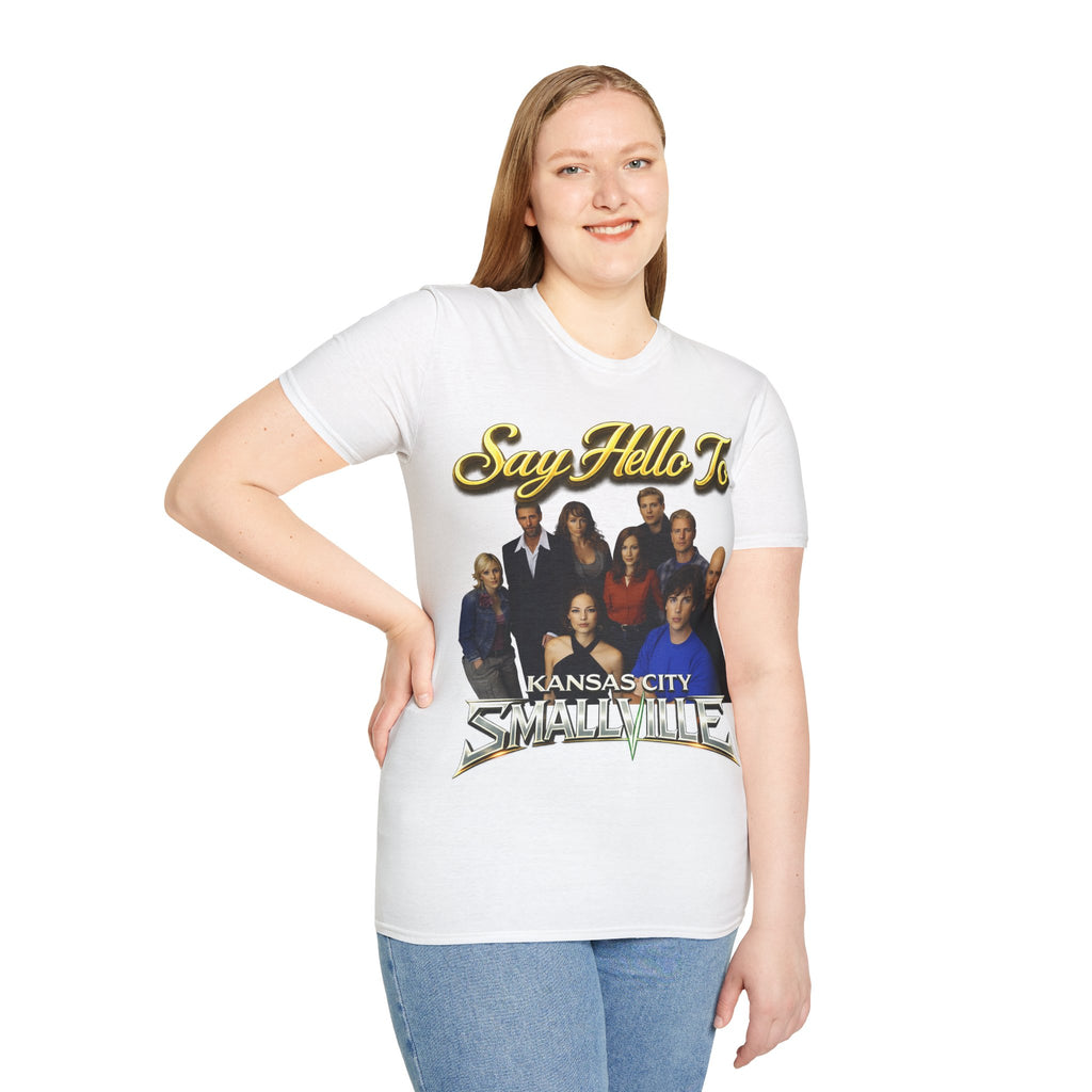 Smallville Cast T-Shirt – "Say Hello To" Kansas City Retro TV Logo Printify