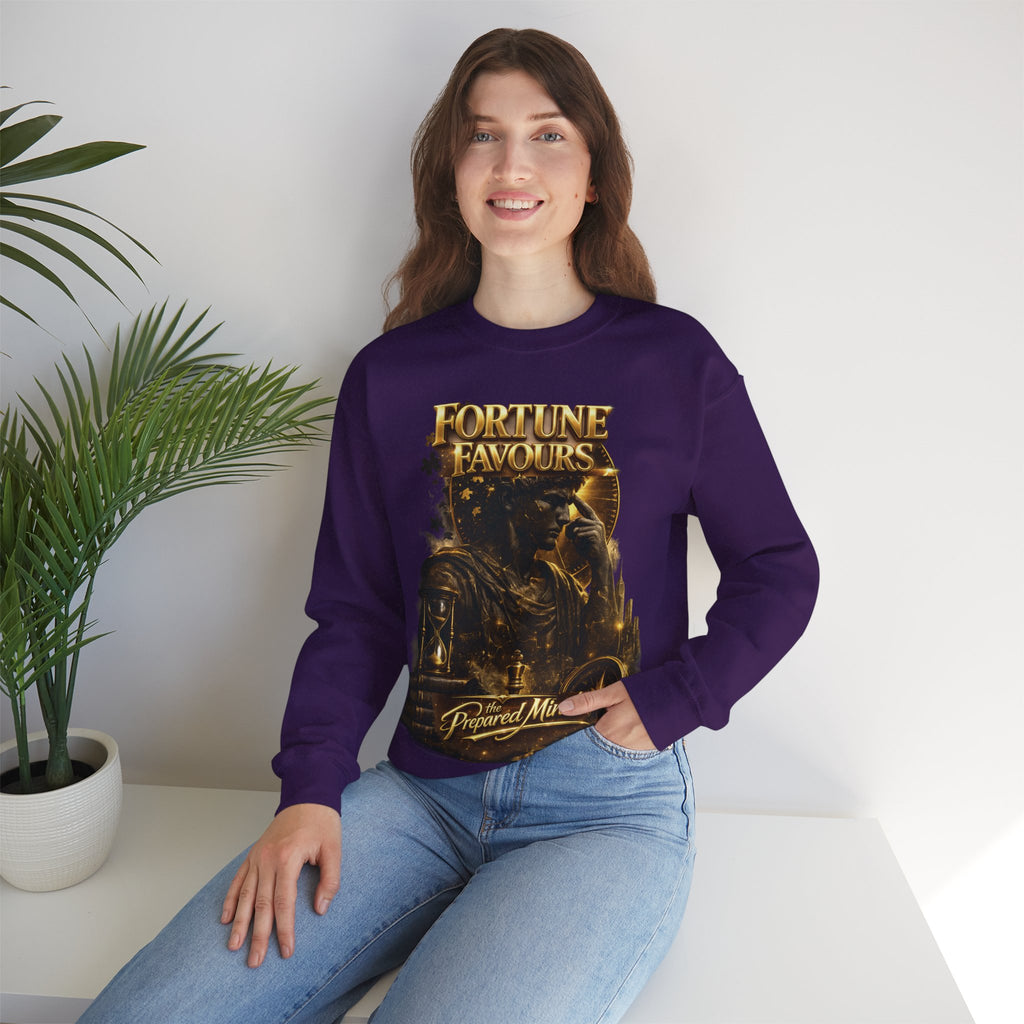 Crewneck Sweatshirt — "Fortune Favors the Prepared Mind" Motivational Design Printify