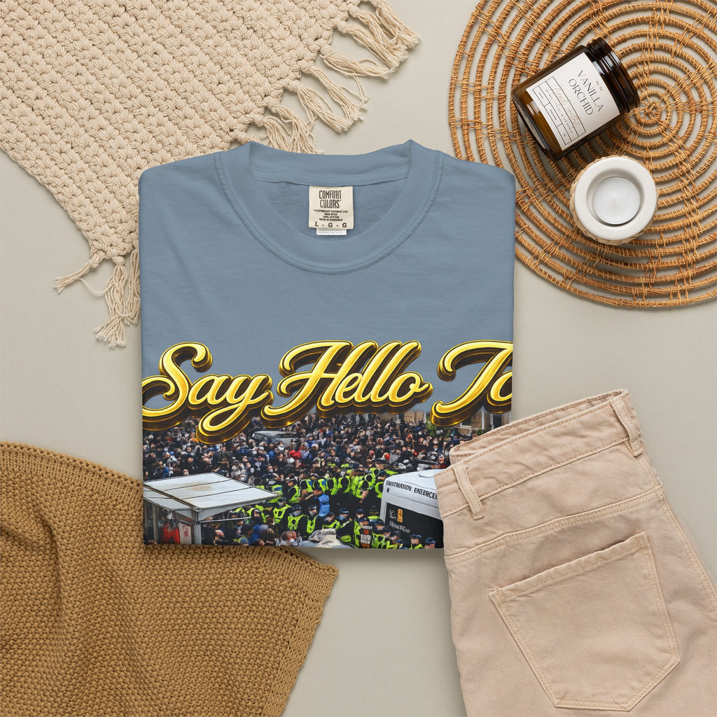 Graphic T-Shirt — "Say Hello to Scotland: Send Them Home" Protest Design Printify