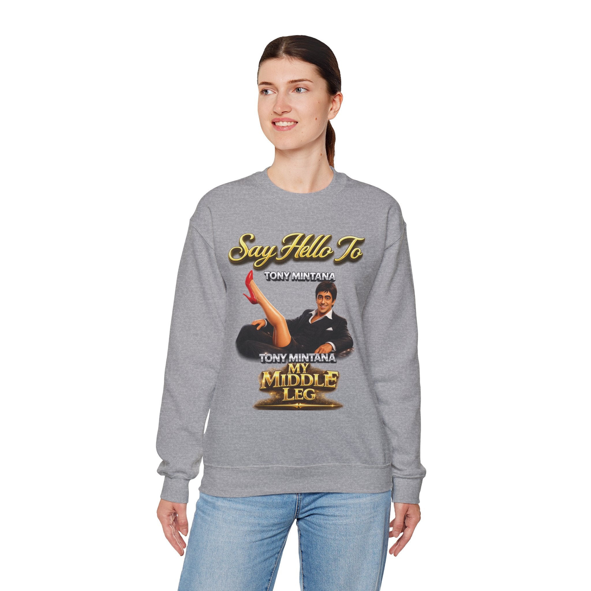Scarface Parody Crewneck Sweatshirt — "Say Hello to My Middle Leg" Graphic Printify