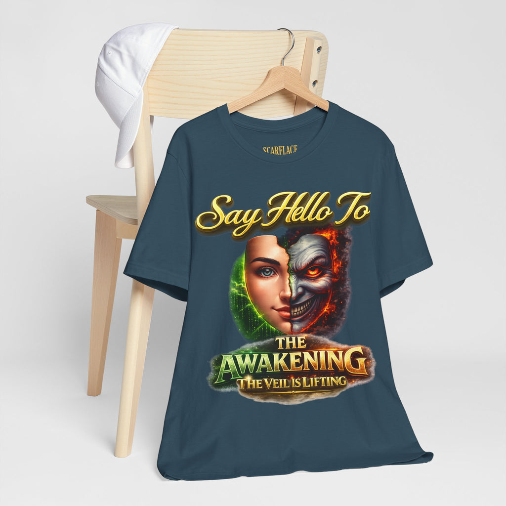 Horror Mask Split Face Tee — "Say Hello To Your Family and Friends" Graphic T-Shirt Printify