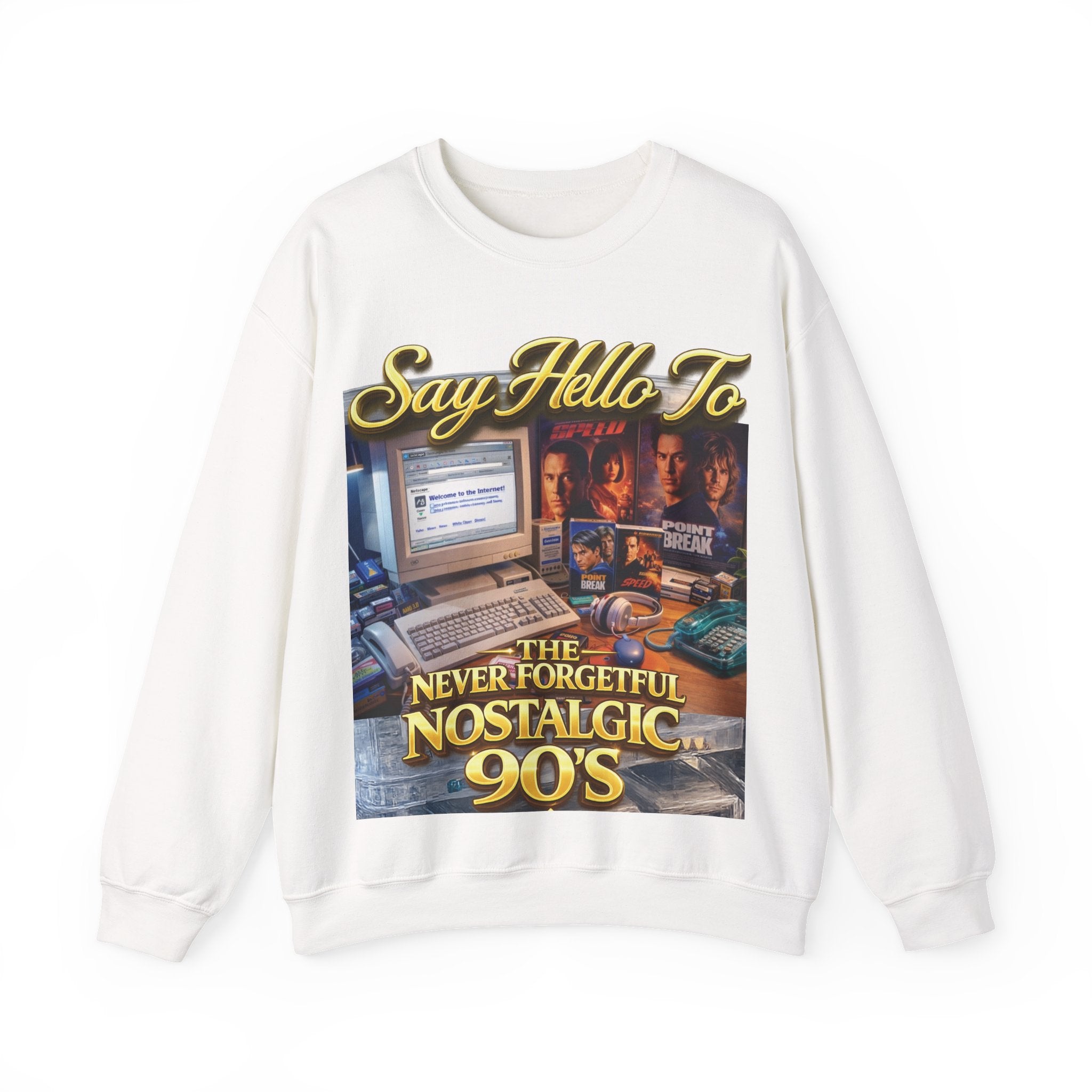 90s Nostalgia Crewneck Sweatshirt – "Say Hello To The Never Forgetful Nostalgic 90's" Printify