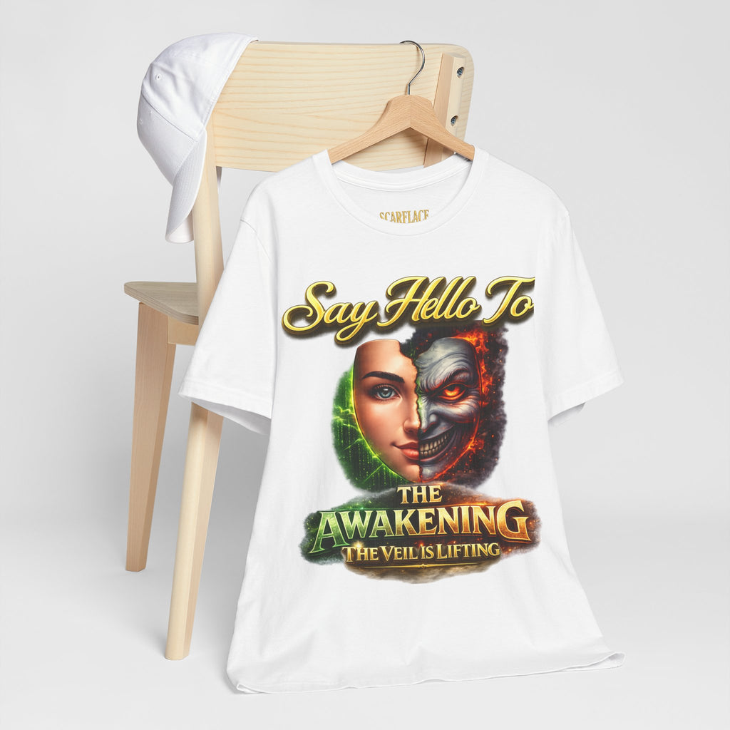 Horror Mask Split Face Tee — "Say Hello To Your Family and Friends" Graphic T-Shirt Printify