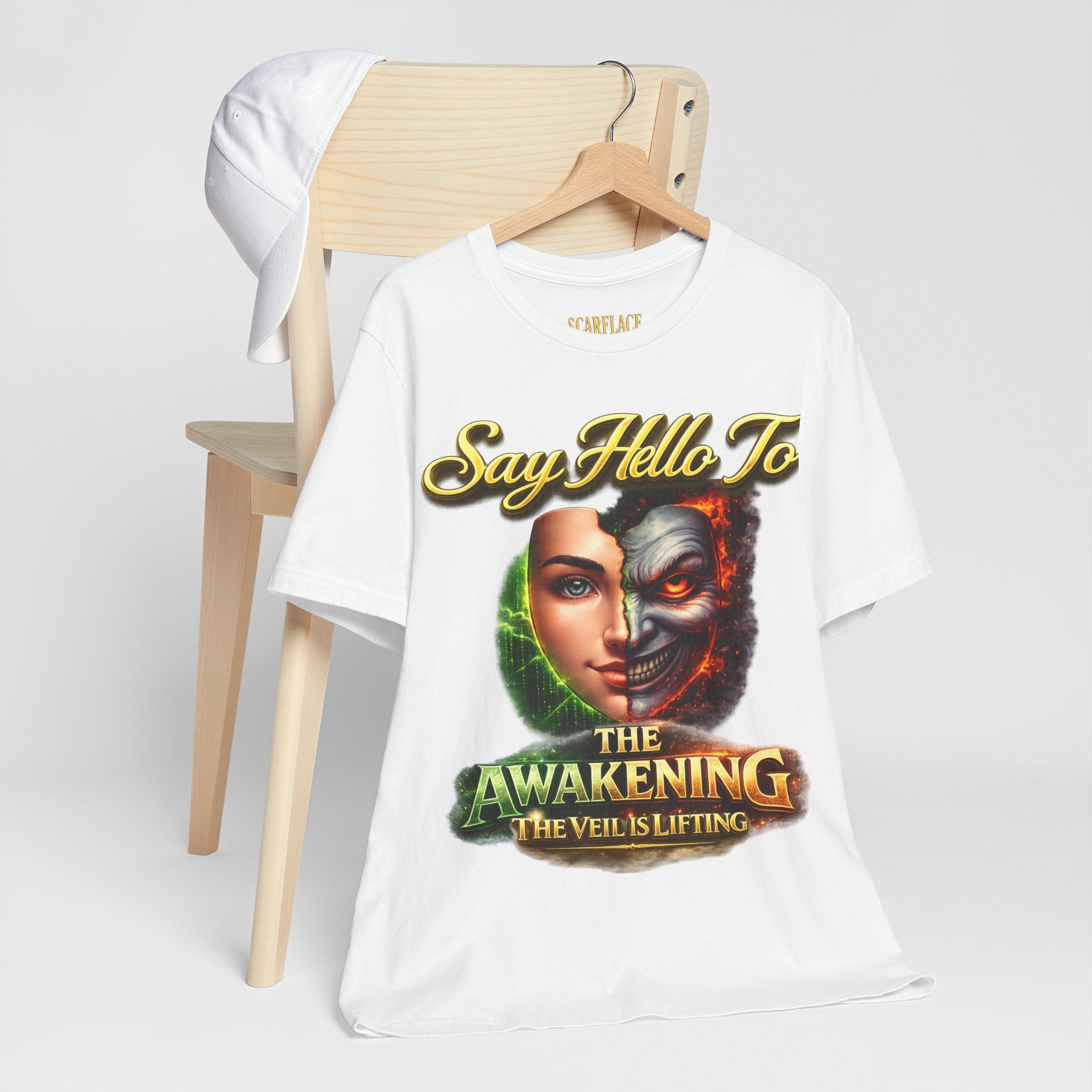 Horror Mask Split Face Tee — "Say Hello To Your Family and Friends" Graphic T-Shirt Printify