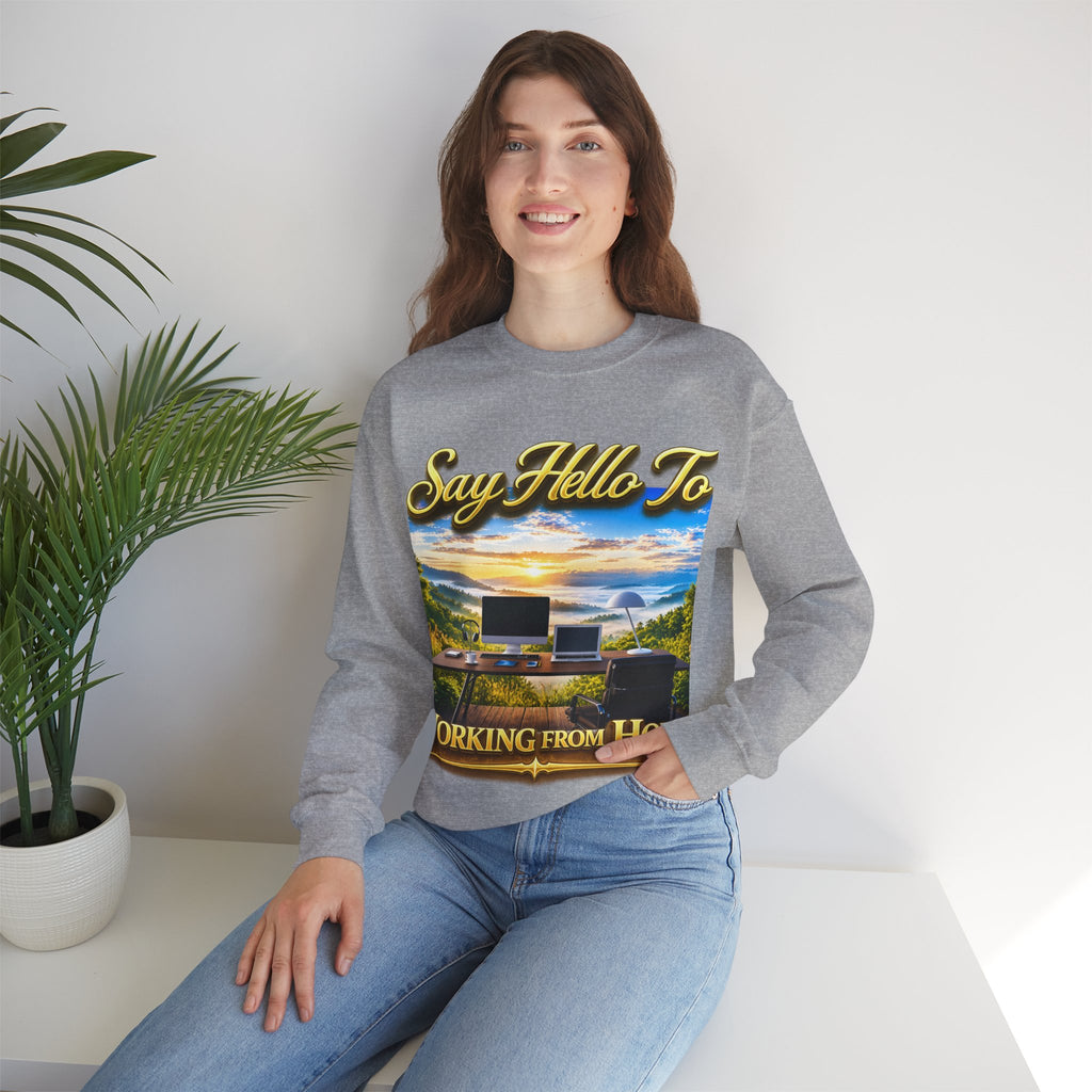 Working From Home Sweatshirt – "Say Hello To" Scenic Home Office Crewneck Printify