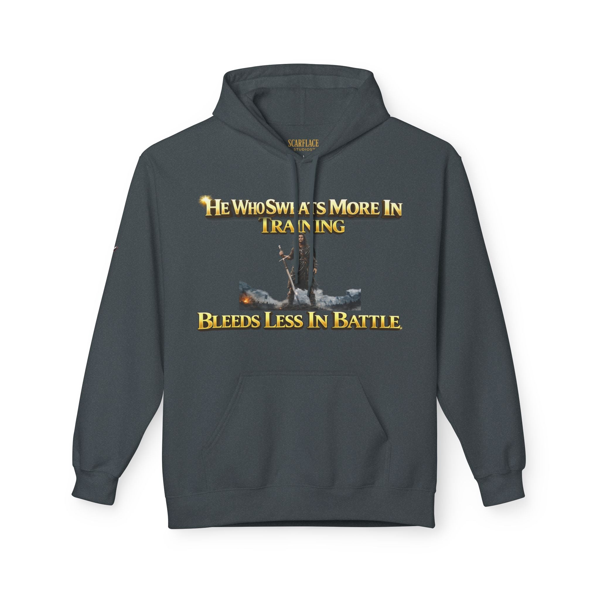 Warrior Training Hoodie — "He Who Sweats More in Training Bleeds Less in Battle" Printify