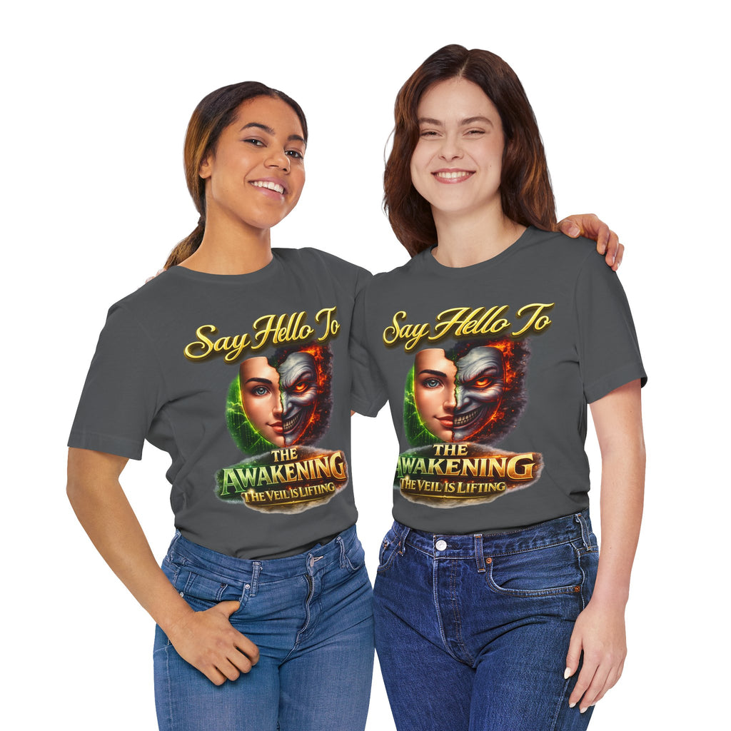 Horror Mask Split Face Tee — "Say Hello To Your Family and Friends" Graphic T-Shirt Printify