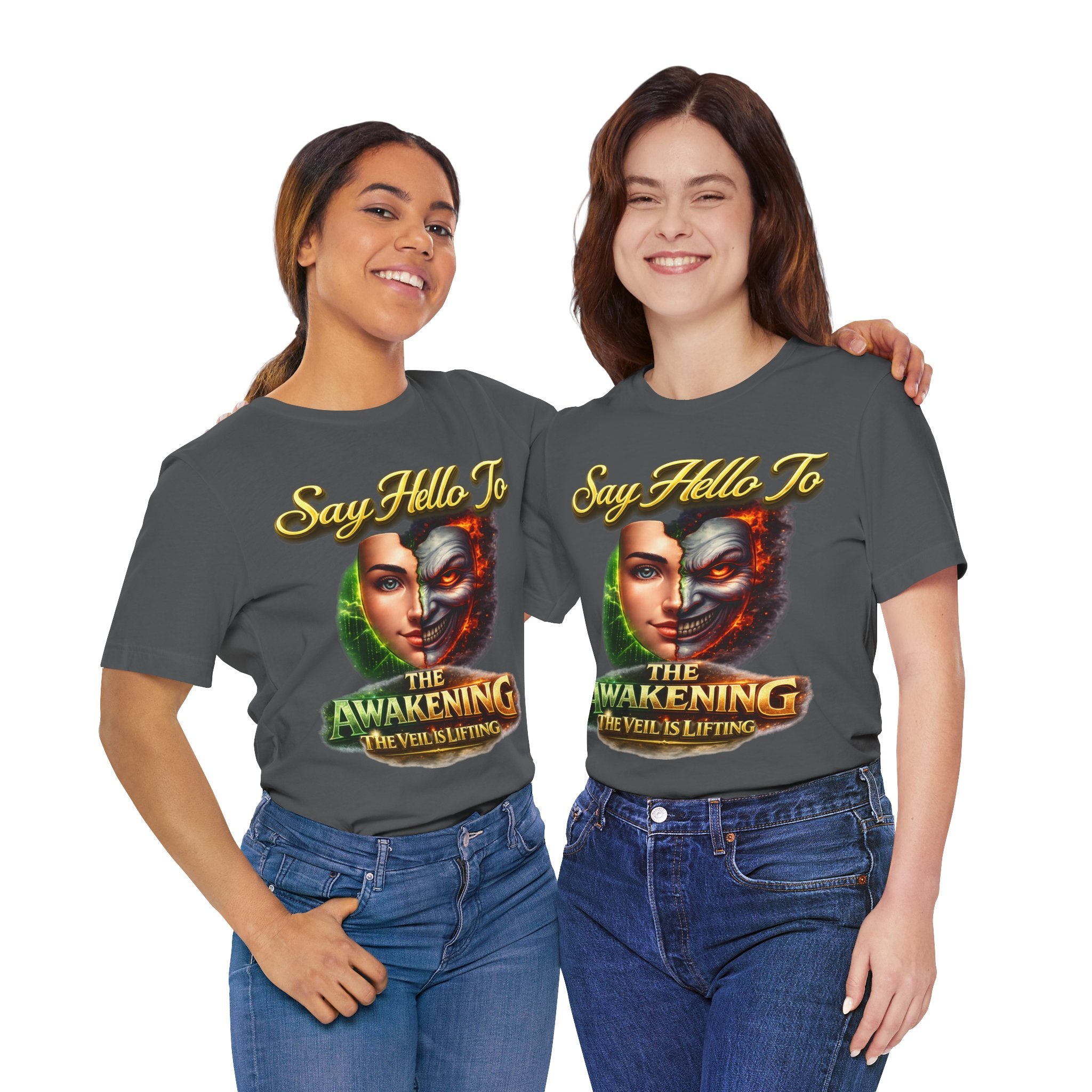 Horror Mask Split Face Tee — "Say Hello To Your Family and Friends" Graphic T-Shirt Printify