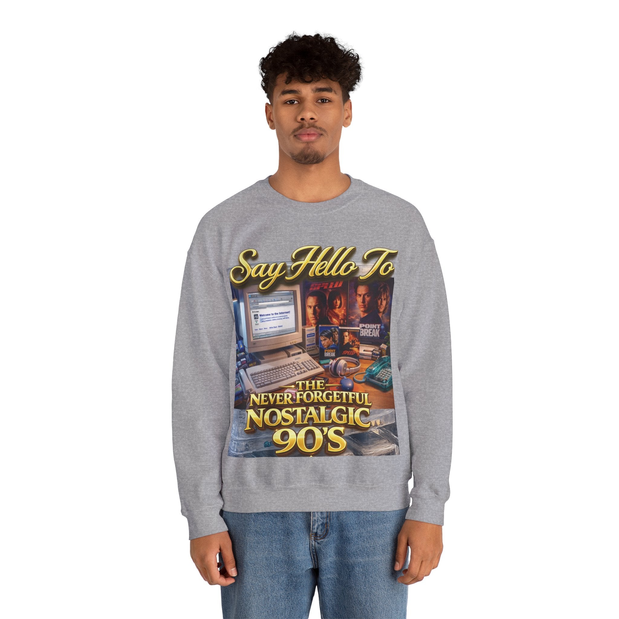 90s Nostalgia Crewneck Sweatshirt – "Say Hello To The Never Forgetful Nostalgic 90's" Printify