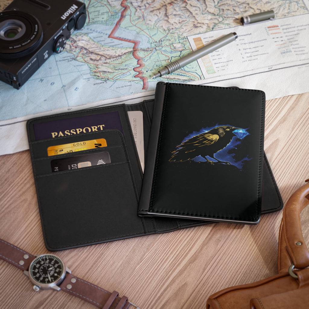 Gold Crow Crest Passport Cover — 'Crow' Diamond-in-Beak Travel Passport Holder Printify