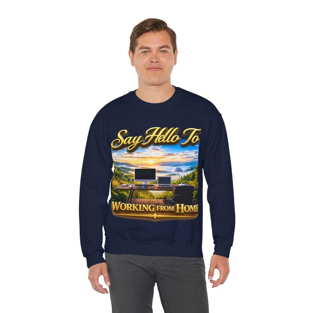 Working From Home Sweatshirt – "Say Hello To" Scenic Home Office Crewneck Printify