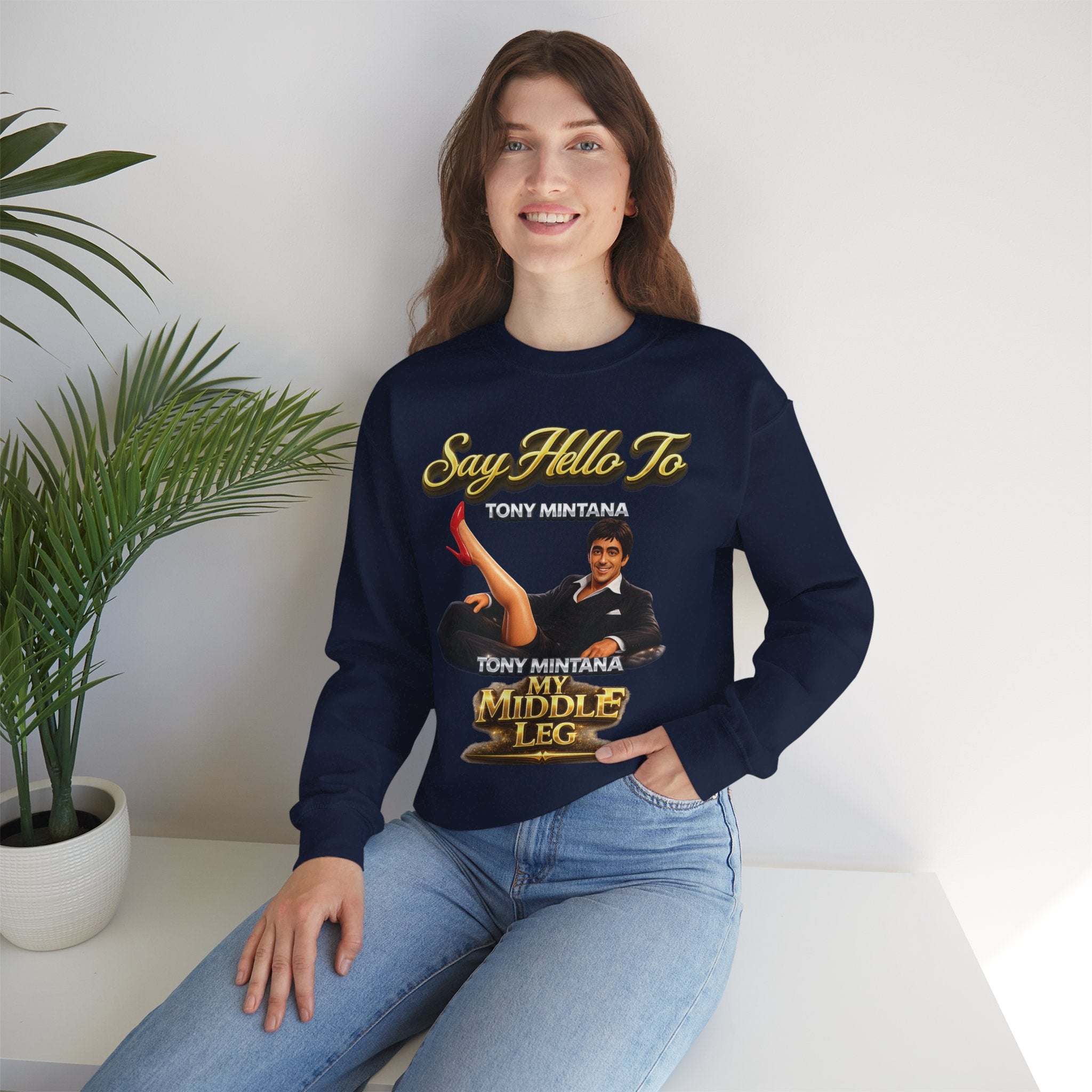 Scarface Parody Crewneck Sweatshirt — "Say Hello to My Middle Leg" Graphic Printify