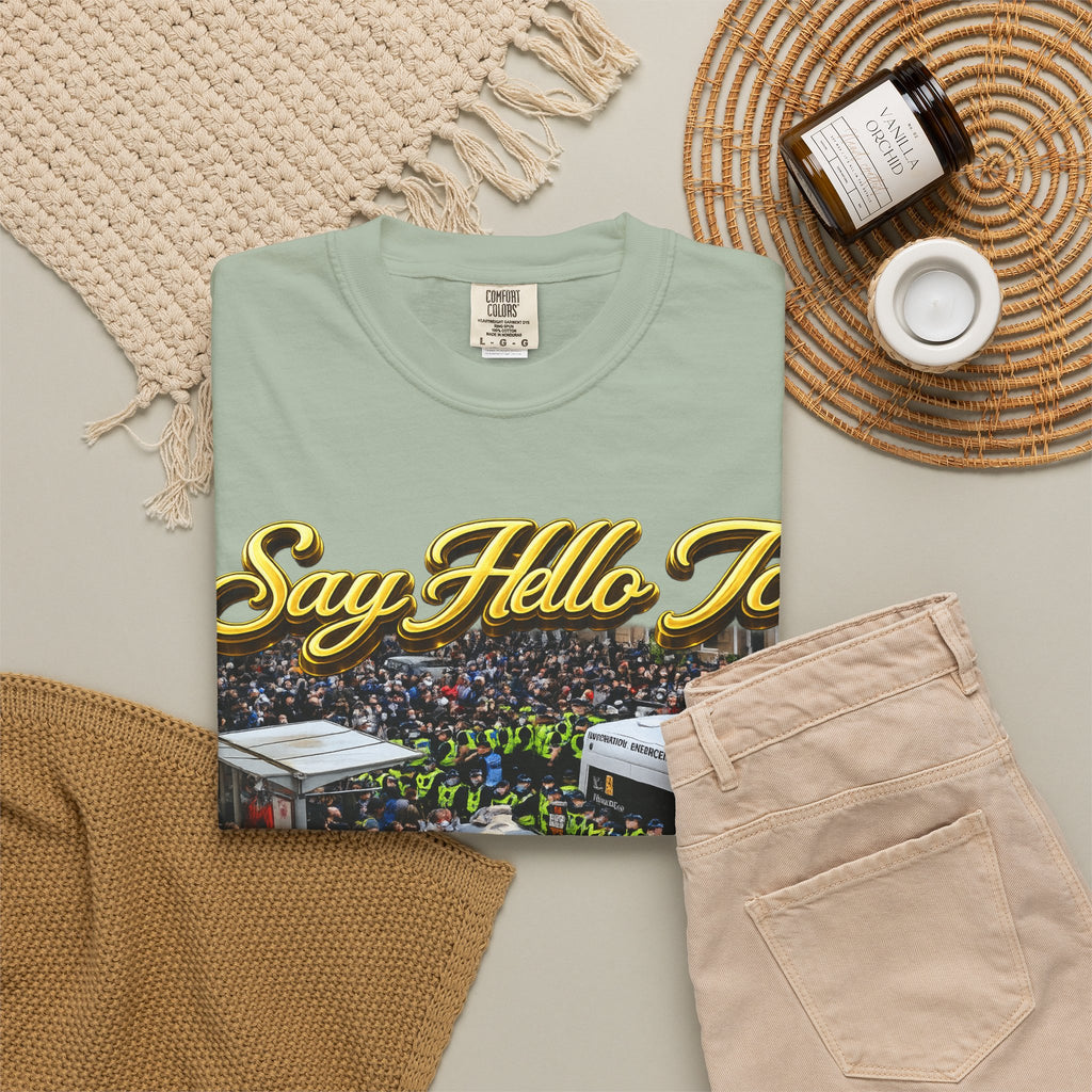 Graphic T-Shirt — "Say Hello to Scotland: Send Them Home" Protest Design Printify