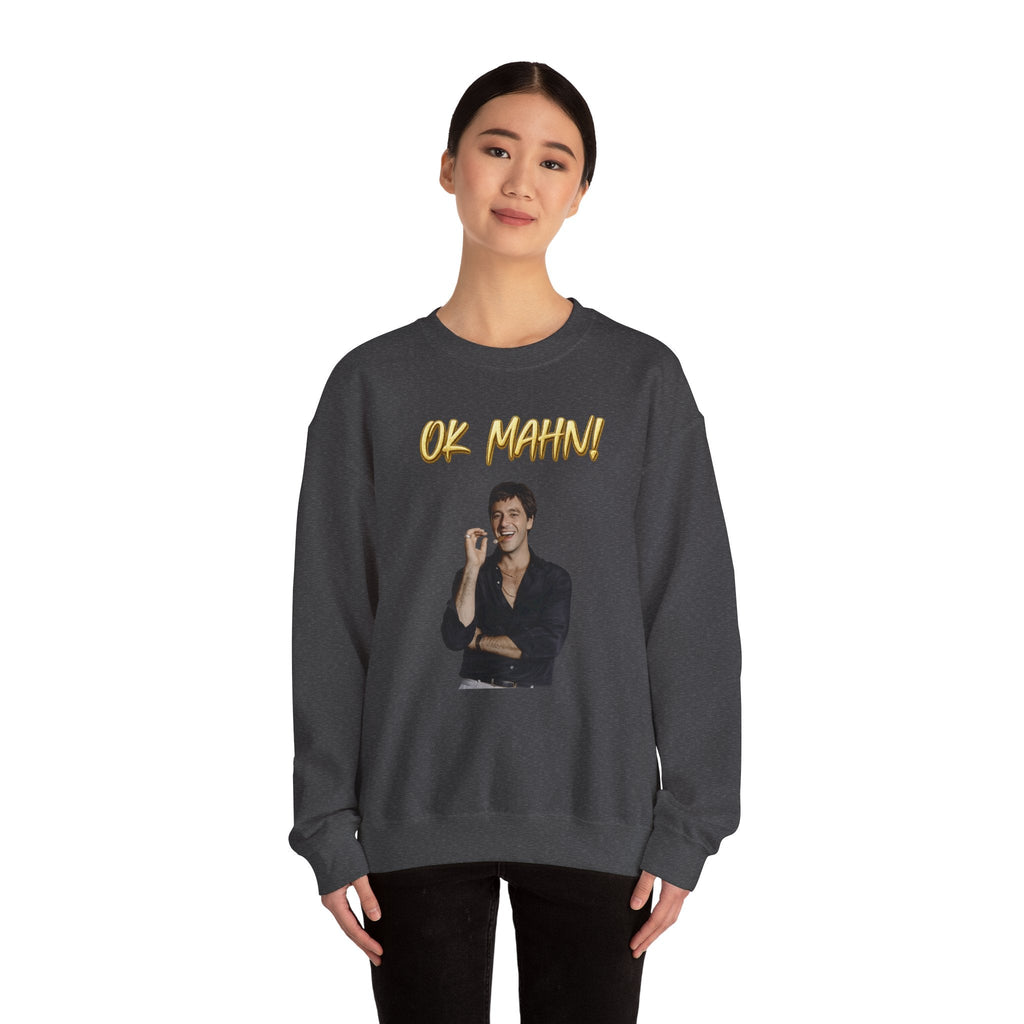 Crewneck Sweatshirt — 'Ok Mahn!' Gold Script Minimalist Streetwear Printify