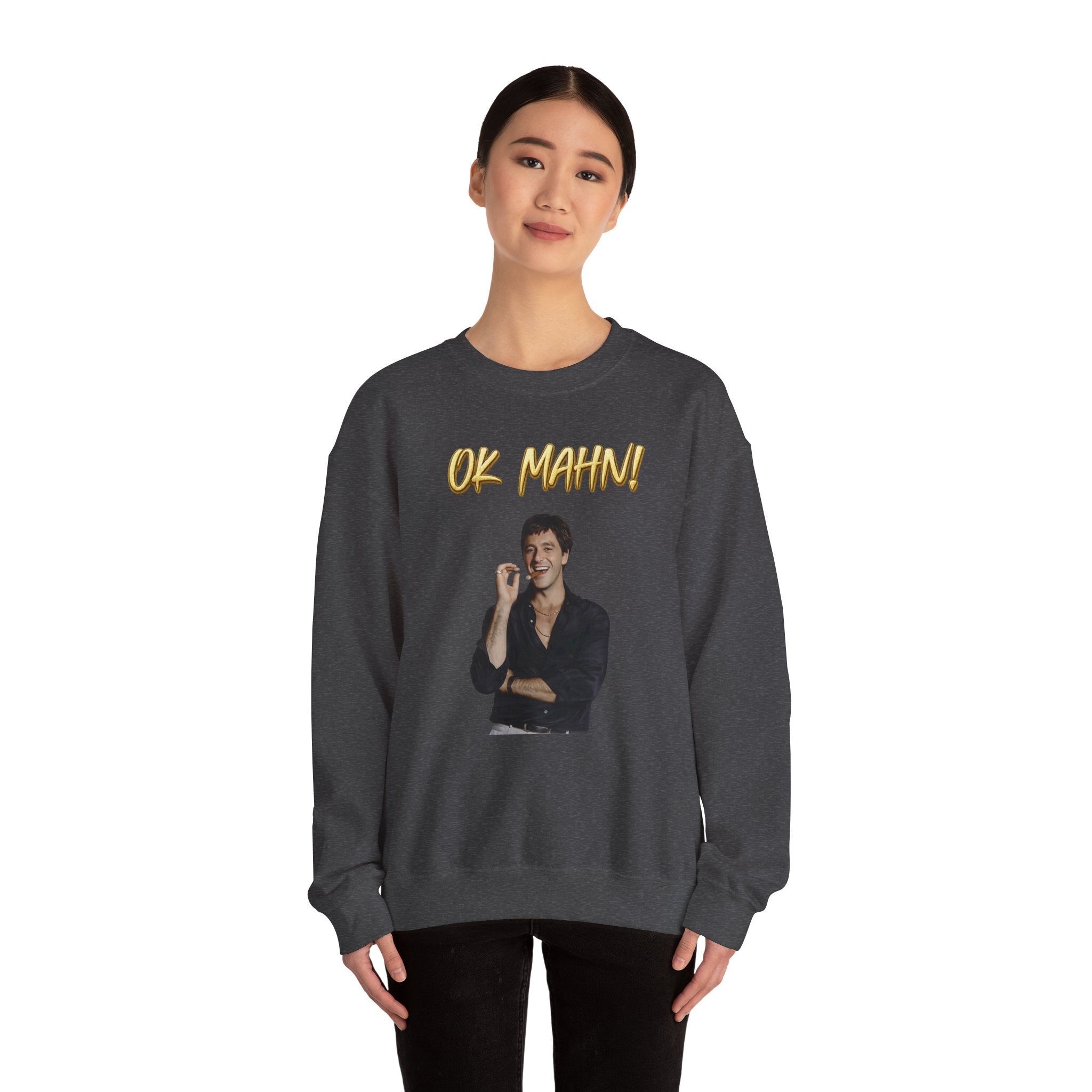 Crewneck Sweatshirt — 'Ok Mahn!' Gold Script Minimalist Streetwear Printify