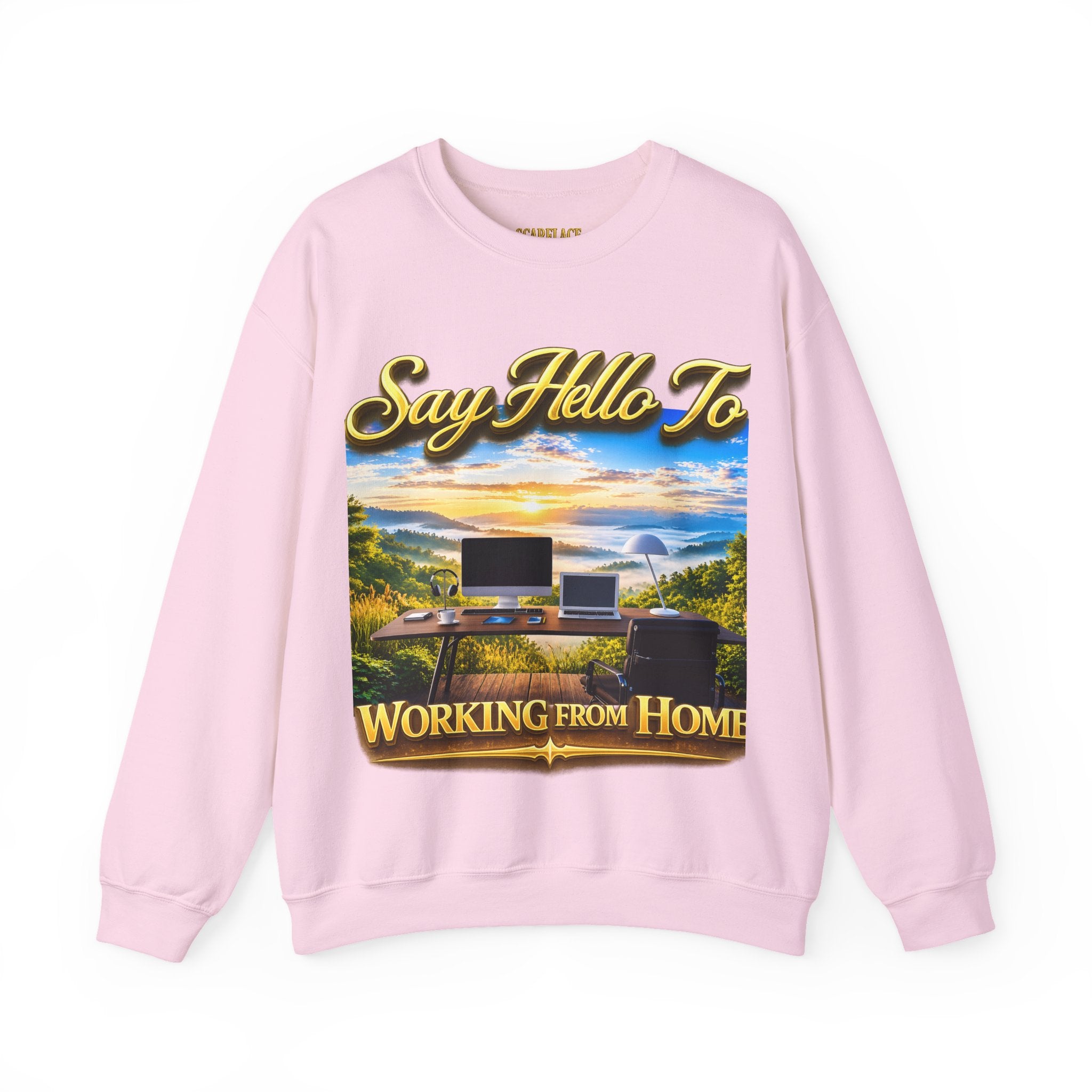 Working From Home Sweatshirt – "Say Hello To" Scenic Home Office Crewneck Printify