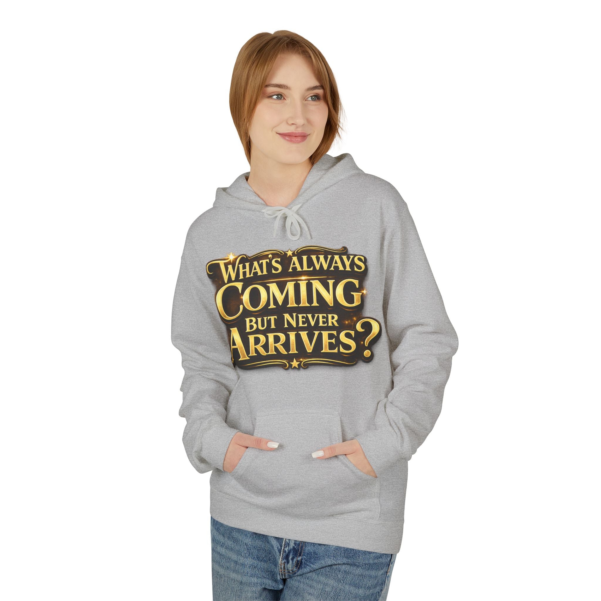 Tomorrow Hoodie — "What's Always Coming But Never Arrives?" Vintage Quote Hoodie Printify