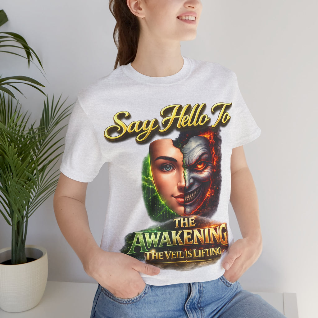 Horror Mask Split Face Tee — "Say Hello To Your Family and Friends" Graphic T-Shirt Printify