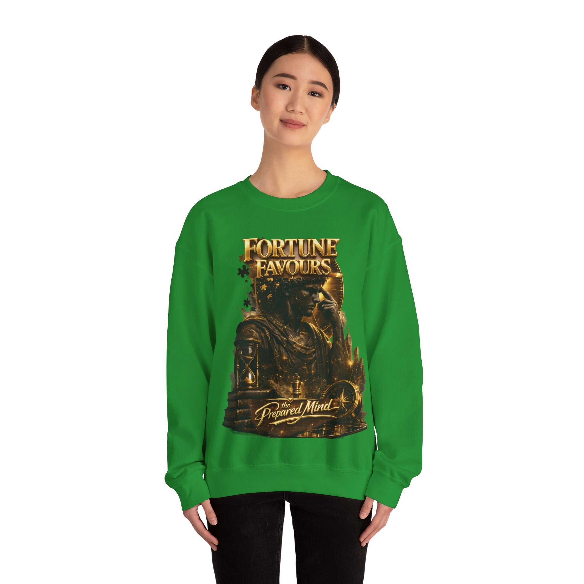 Crewneck Sweatshirt — "Fortune Favors the Prepared Mind" Motivational Design Printify