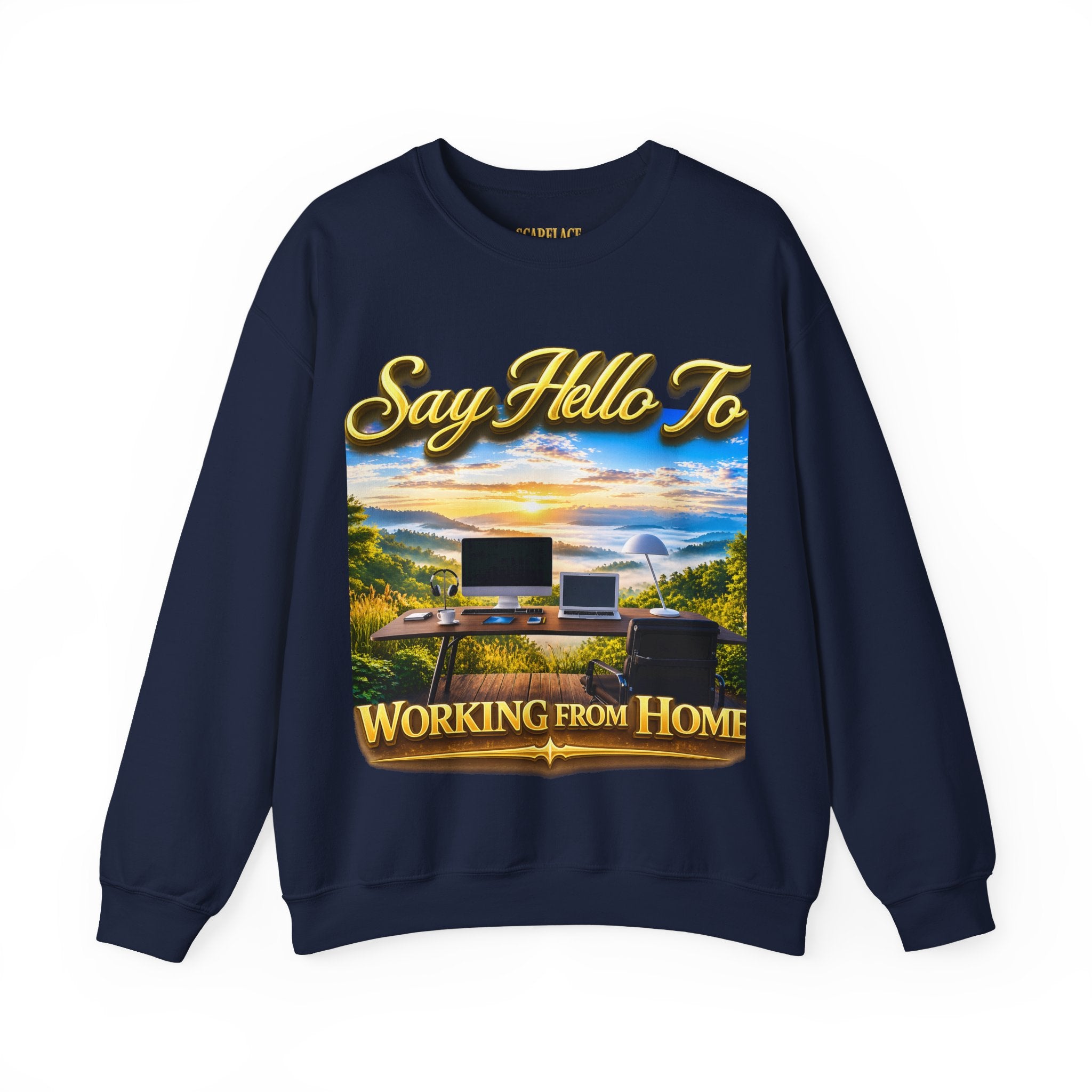 Working From Home Sweatshirt – "Say Hello To" Scenic Home Office Crewneck Printify
